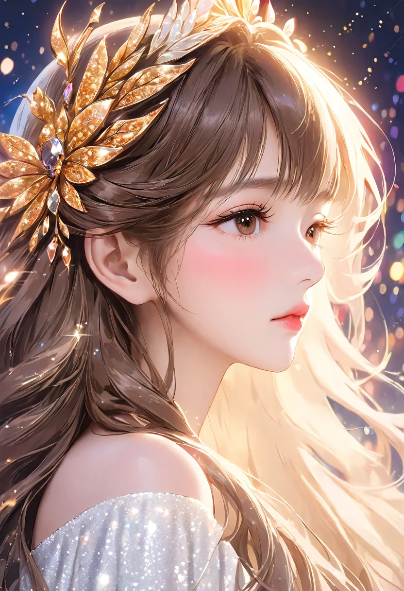A close-up of the profile of a beautiful girl with long brown hair, eyes completely closed, long eyelashes, white off-the-shoulder outfit, mature, made-up face, pretty, older woman, glitter eye make-up, Korean-style make-up, masterpiece, perfect hand shape