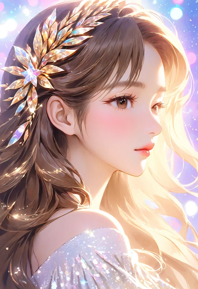 A close-up of the profile of a beautiful girl with long brown hair, eyes completely closed, long eyelashes, white off-the-shoulder outfit, mature, made-up face, pretty, older woman, glitter eye make-up, Korean-style make-up, masterpiece, perfect hand shape