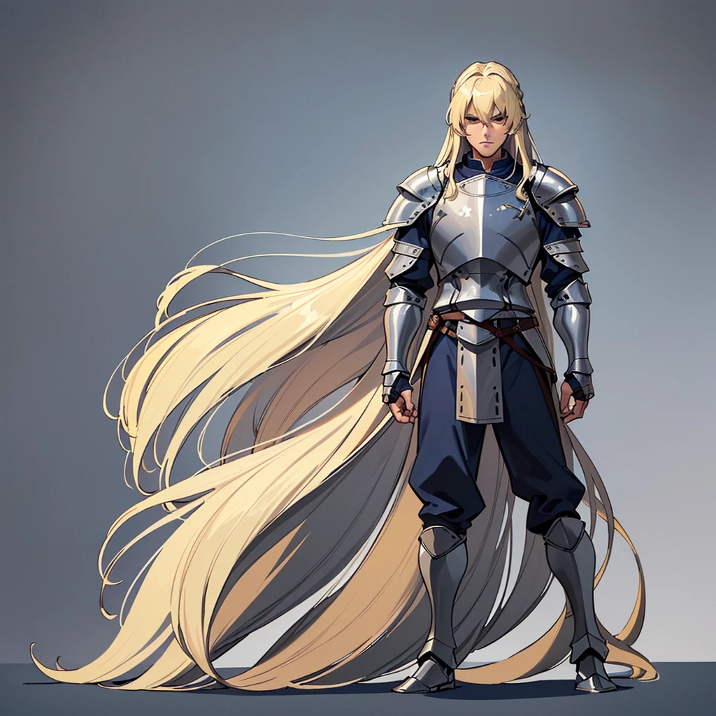 ((((Solo))))、(Full body character concept)、Highest quality, Best Quality, Best illustrations, (((Grey Armor)))、(((Blond long hair man、Long-haired man、male、24-years-old、Cool guy)))、(Medieval Knight)、(Navy blue trousers)、(Living in the desert)、(White background)、(Close your eyes、get annoyed)、(From the back、back view)