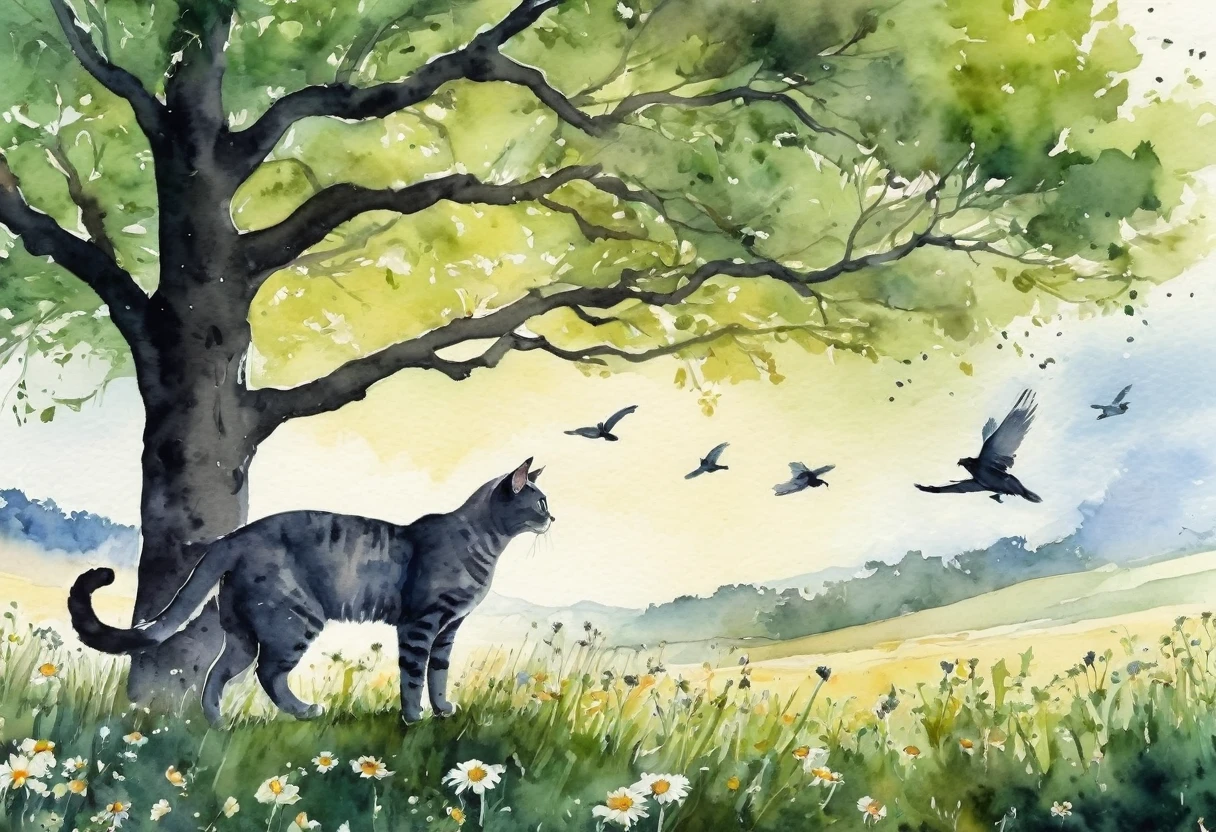 (Gray cat:1.5), (ink and watercolor painting:1.5), (tastefully:1.5), (ink and watercolor painting:1.5), (full color:1.5), 8 K, 4K, (landscapes:1.5),(oak tree with green foliage:1.5),(wind:1.5),(flying birds:1.5),(chamomile field:1.5),