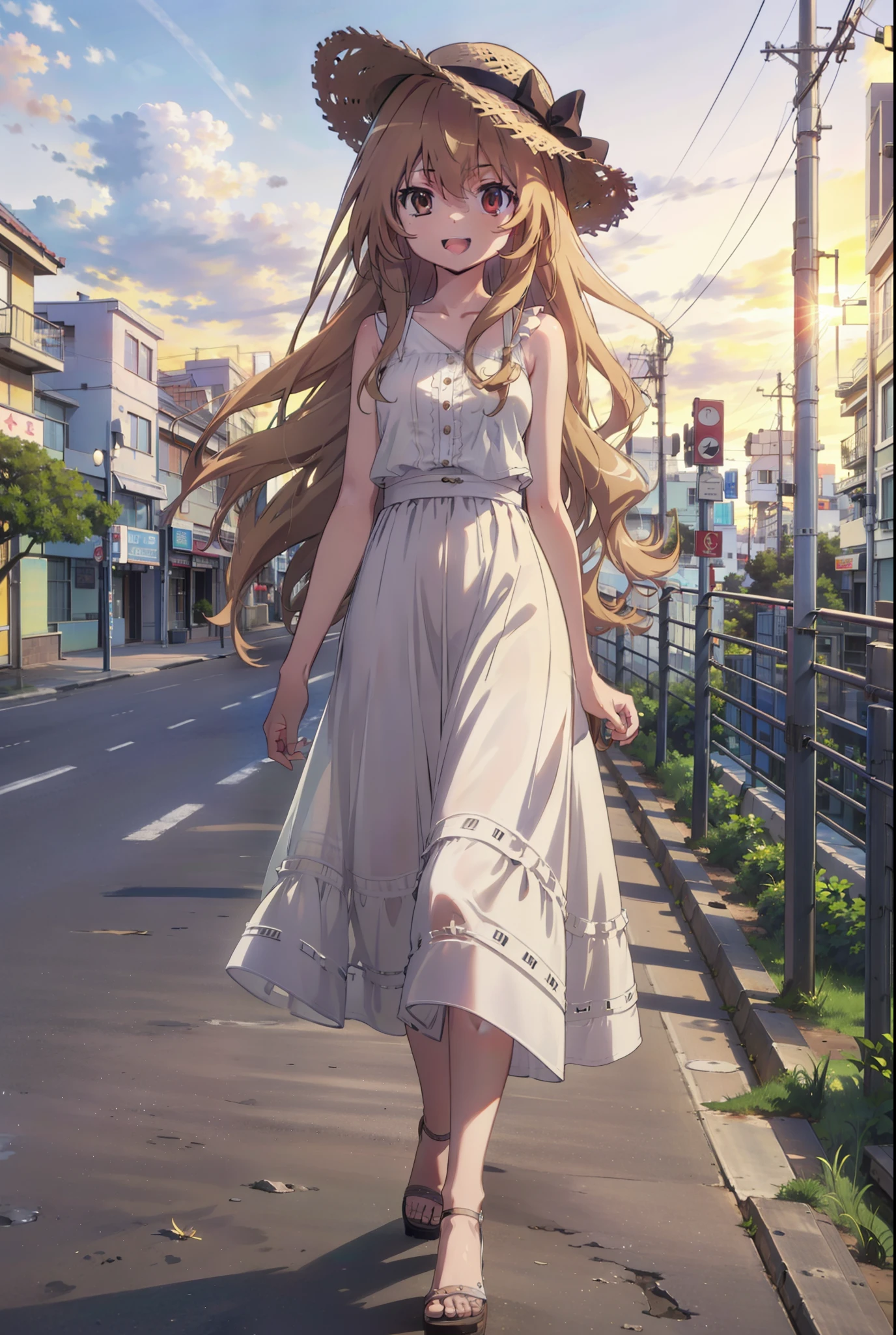 Aisaka Taiga, Aisaka Taiga, Long Hair, Brown Hair, Brown eyes,happy smile,smile, Open your mouth,Straw hat,White sleeveless dress,Long skirt,Heeled Sandals,evening,sunset,The sun is setting,whole bodyがイラストに入るように,Walking, break looking at viewer, whole body,
break outdoors,Coastal Road,In town,
break (masterpiece:1.2), Highest quality, High resolution, unity 8k wallpaper, (shape:0.8), (Beautiful attention to detail:1.6), Highly detailed face, Perfect lighting, Extremely detailed CG, (Perfect hands, Perfect Anatomy),