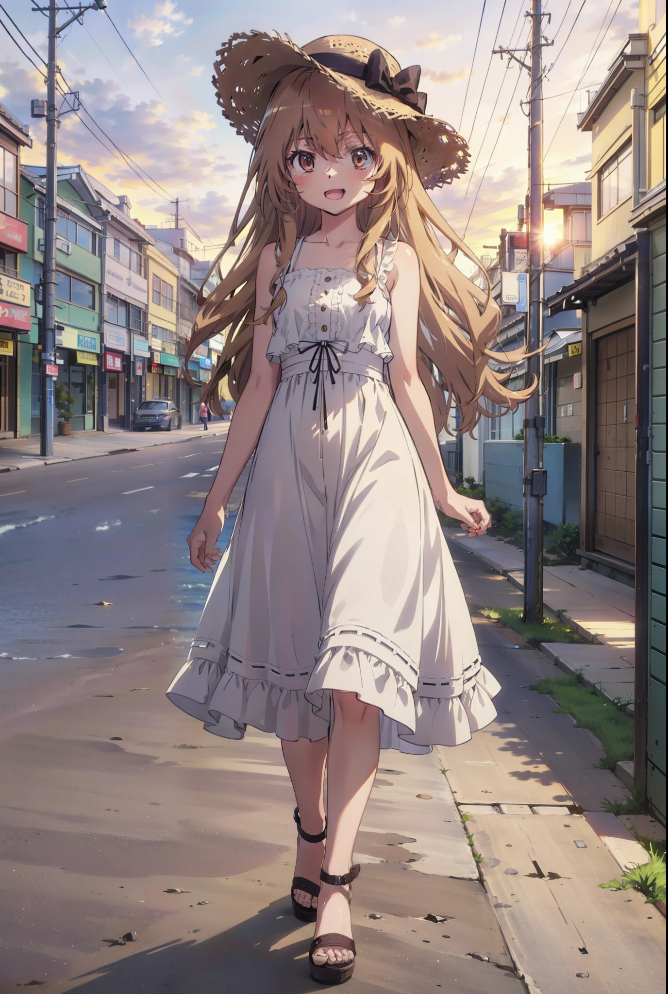 Aisaka Taiga, Aisaka Taiga, Long Hair, Brown Hair, Brown eyes,happy smile,smile, Open your mouth,Straw hat,White sleeveless dress,Long skirt,Heeled Sandals,evening,sunset,The sun is setting,whole bodyがイラストに入るように,Walking,　　　　　　　　　　　　  　　　　　break looking at viewer, whole body,　　　　　
break outdoors,Coastal Road,In town,
break (masterpiece:1.2), Highest quality, High resolution, unity 8k wallpaper, (shape:0.8), (Beautiful attention to detail:1.6), Highly detailed face, Perfect lighting, Extremely detailed CG, (Perfect hands, Perfect Anatomy),
