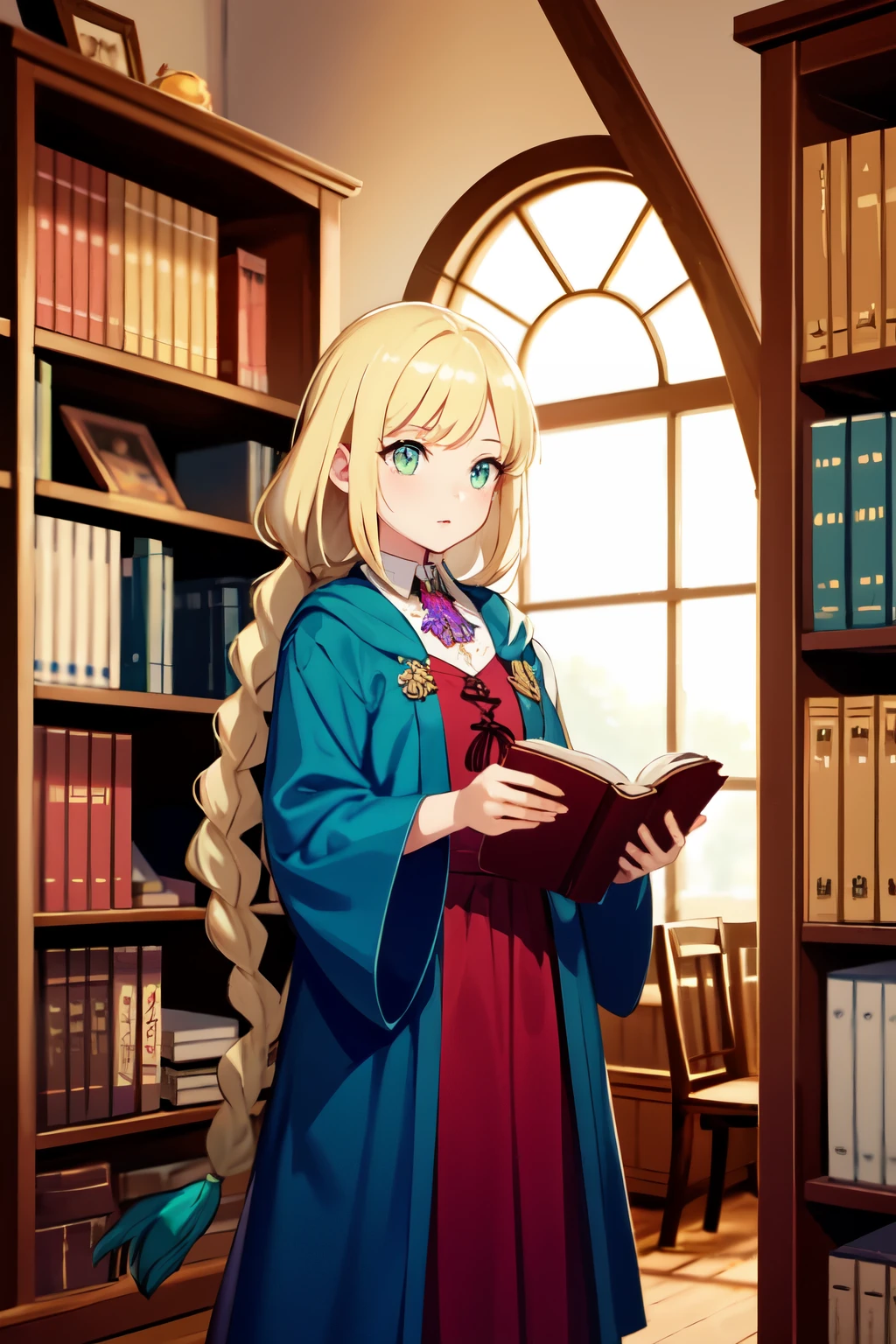 A girl stands among the bookshelves among flying books, magical librarian, there is a glimmer of magic around her, Flying Books, Scrolls, 18 years, blonde hair, braided, light green eye color