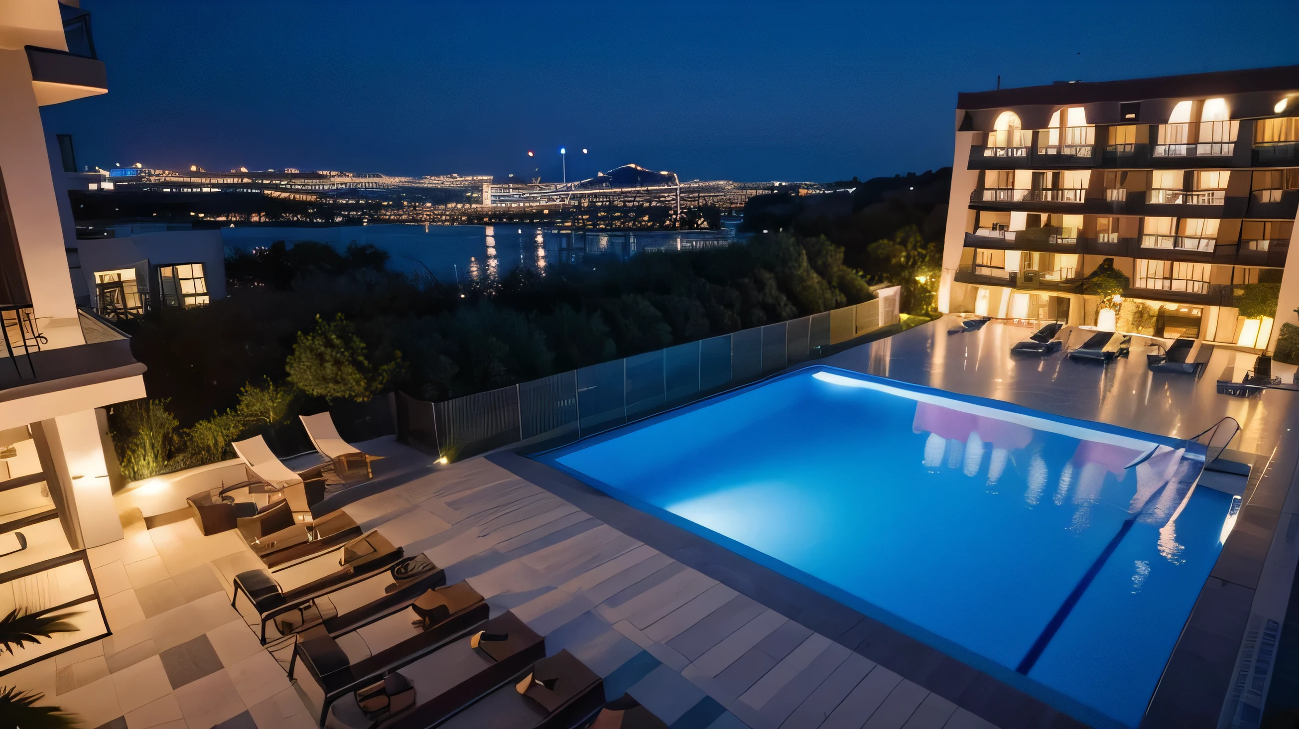 A night view image of a luxury hotel with a building and swimming pool taken by drone.