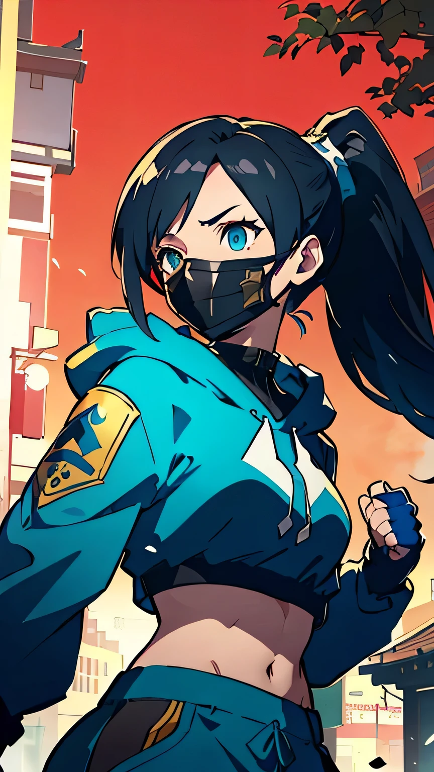 Kitana from Mortal Kombat 1, Make her face Arknights style looks like face, sharp slanted eyes, wearing metal armored mask, Ponytail dark hair, shoulder long hair,the outfit are dark blue street wear colour,crop top oversized hoodie, hoshino ai pose,soft coloured magazine background