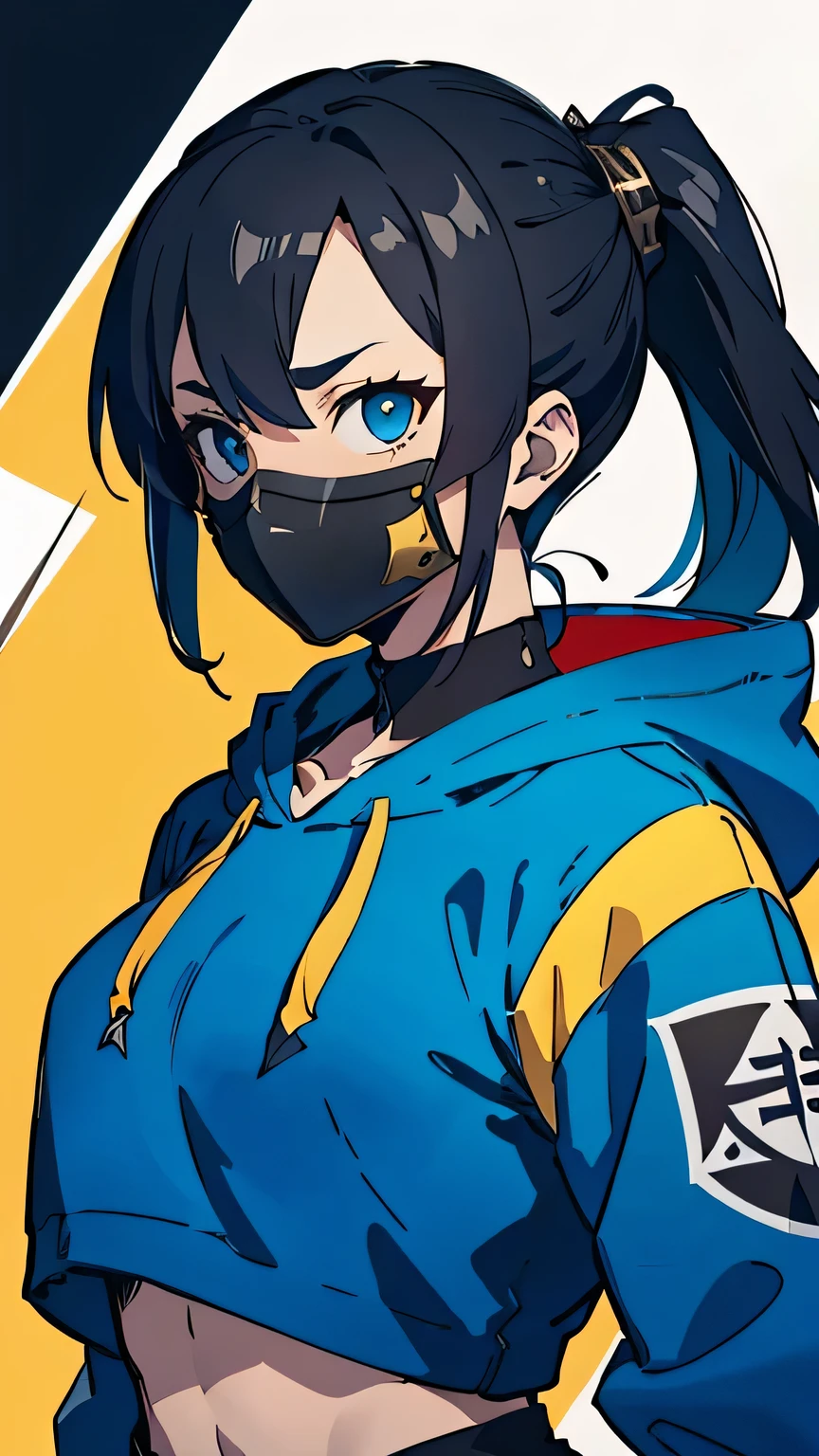 Kitana from Mortal Kombat 1, Make her face Arknights style looks like face, sharp slanted eyes, wearing metal armored mask, Ponytail dark hair, shoulder long hair,the outfit are dark blue street wear colour,crop top oversized hoodie, hoshino ai pose,soft coloured magazine background