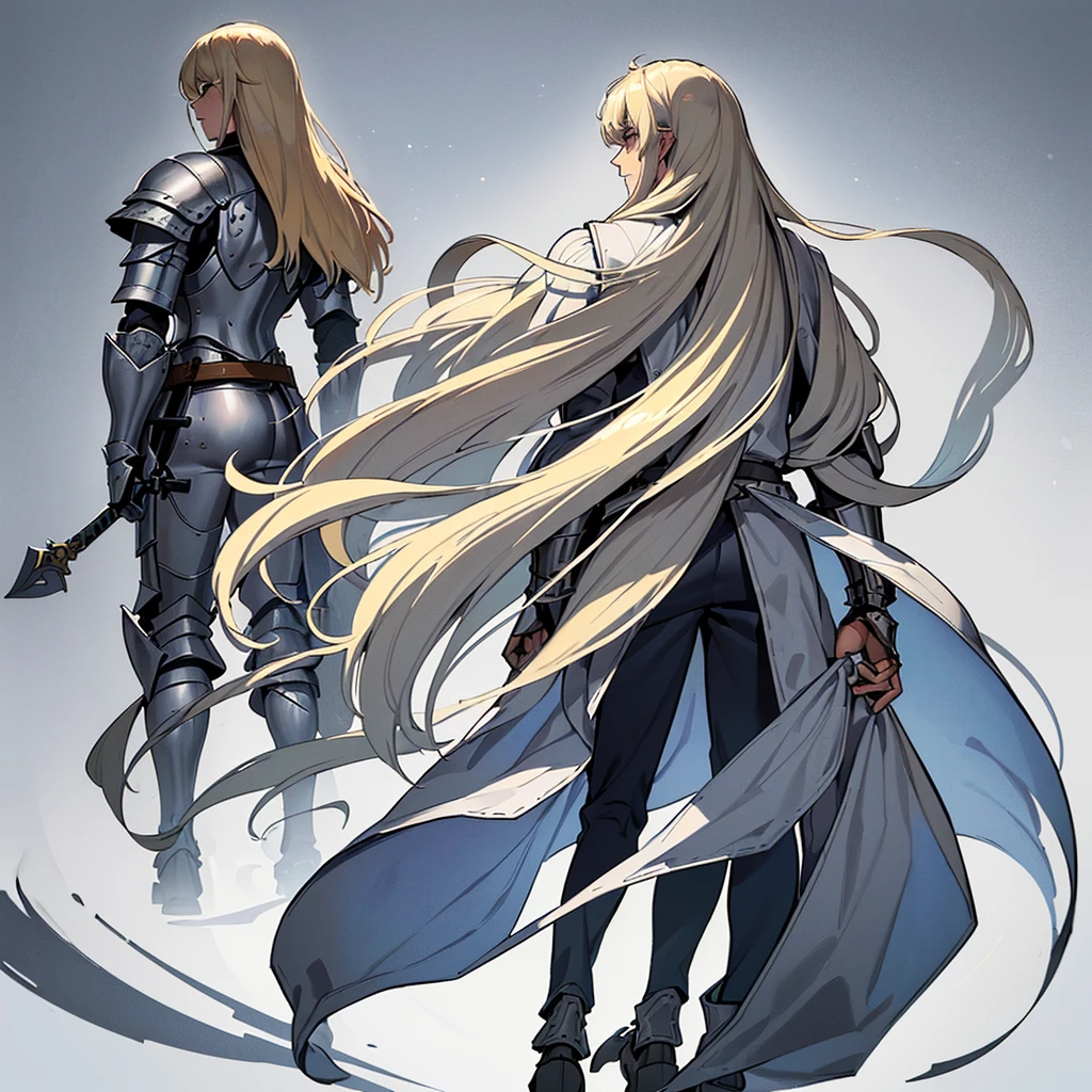 ((((Solo))))、(Full body character concept)、Highest quality, Best Quality, Best illustrations, (((Grey Armor)))、(((Blond long hair man、Long-haired man、male、24-years-old、Cool guy)))、(Medieval Knight)、(Navy blue trousers)、(Living in the desert)、(White background)、(Close your eyes、get annoyed)、(From the back、back view)、(Magic Sword of Light)