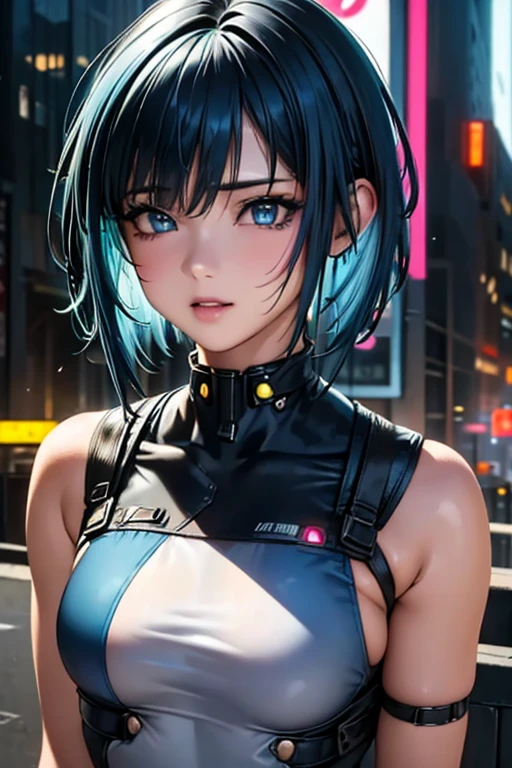 ((Highest quality)),(超High resolution),(Very detailed),(Detailed Description),((The best CG)),(masterpiece),Ultra-detailed art、(Highest quality、8k、32K、masterpiece)、(Realistic)、(Realistic:1.2)、(High resolution)、Very detailed、Very beautiful face and eyes、1 female、Tight waist、Delicate body、(Highest quality、Attention to detail、Rich skin detail)、(Highest quality、8k、Oil paints:1.2)、Very detailed、(Realistic、Realistic:1.37)、Bright colors、Beautiful Japanese Woman、Detailed face、Smooth Skin、Big Breasts、A young woman in her early 20s、I work as a nurse in a cyberpunk city.。((Asymmetrical short hair:1.45、Neon blue hair color:1.8))、I can see the cybernetic implants on his temples.。Her eyes are cybernetically enhanced、Emits a soft green light、There is a small holographic display in the left eye.。she未来的なナースユニフォームを着ており、Sleek white bodysuit with silver accents and integrated technology。The uniform has a high collar、Fits the body、Illuminated medical symbols on sleeves and chest。she内蔵された医療スキャナー付きの膝丈の白いブーツを履いており、I have a high-tech medical kit.。As an accessory、Holographic ID Badge、Small communication earpiece、And others々He wears a utility belt equipped with various medical tools.。In the background、A neon-lit cyberpunk cityscape spreads out before you.、Towering Skyscrapers、Holographic Advertising、Advanced robot assistants in sight。she、Standing in front of a hi-tech clinic with a luminous cross symbol and stylish contemporary design。