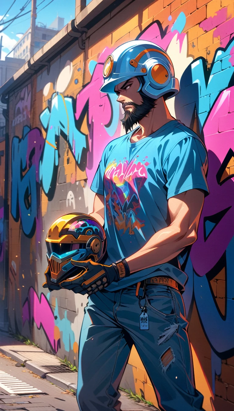 ((best quality)) , ((masterpiece)) , (detailed),1boy, male focus, solo, shirt, helmet, pants, denim, armor, facial hair, blue pants, gloves, beard, jeans, holding,(((Graffiti style , Street art, vibrant, urban, detailed, tag, mural)))