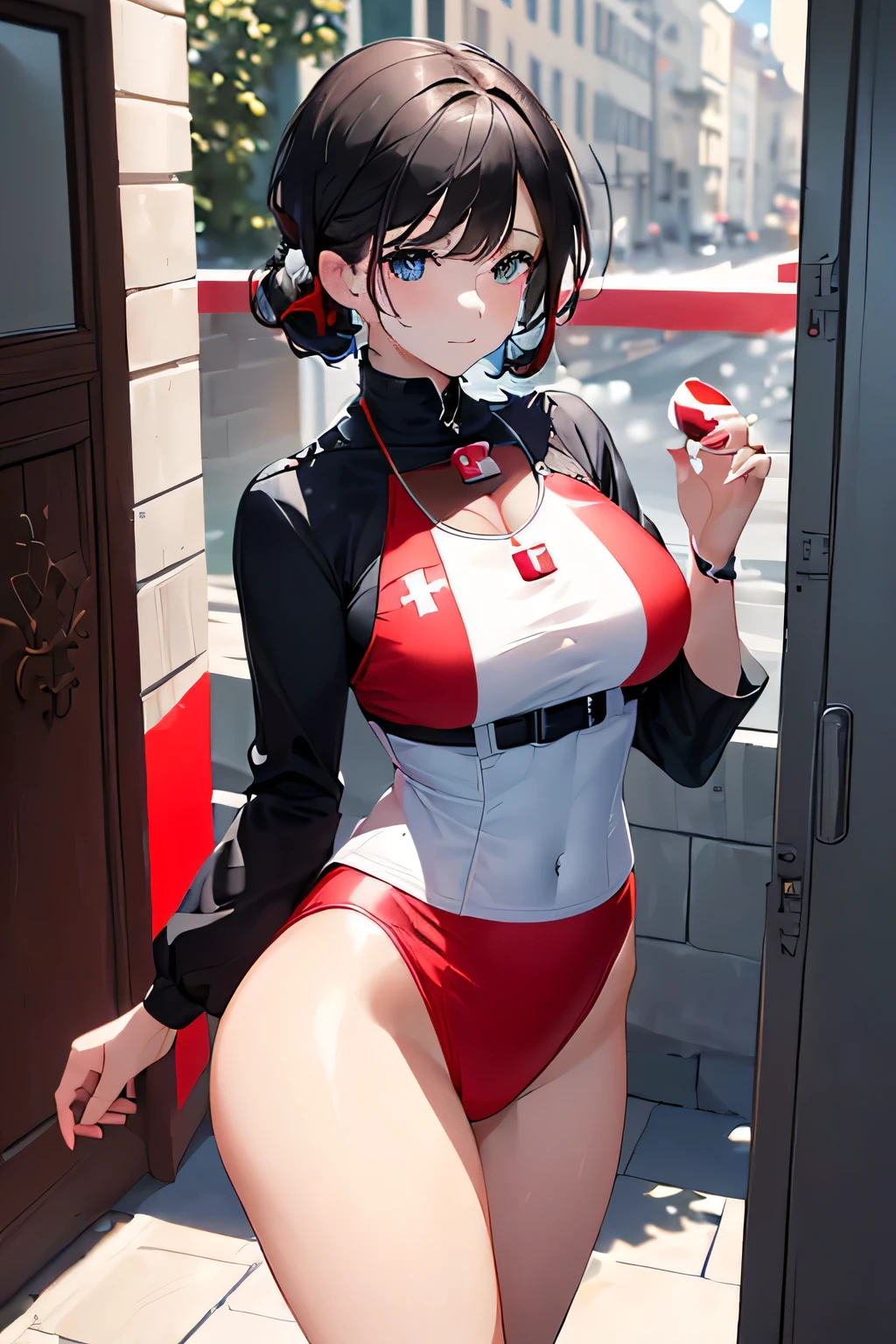 (((Outfit inspired by the Swiss flag:1.3))),(((Woman in men's clothing:1.3))),(masterpiece,Highest quality,Ultra-high resolution output images,Write boundary depth,Intricate details,Adding dimension to your subject with the contrast of light and shadow,Anatomically correct facial structure),(Picture Mode Ultra HD,)