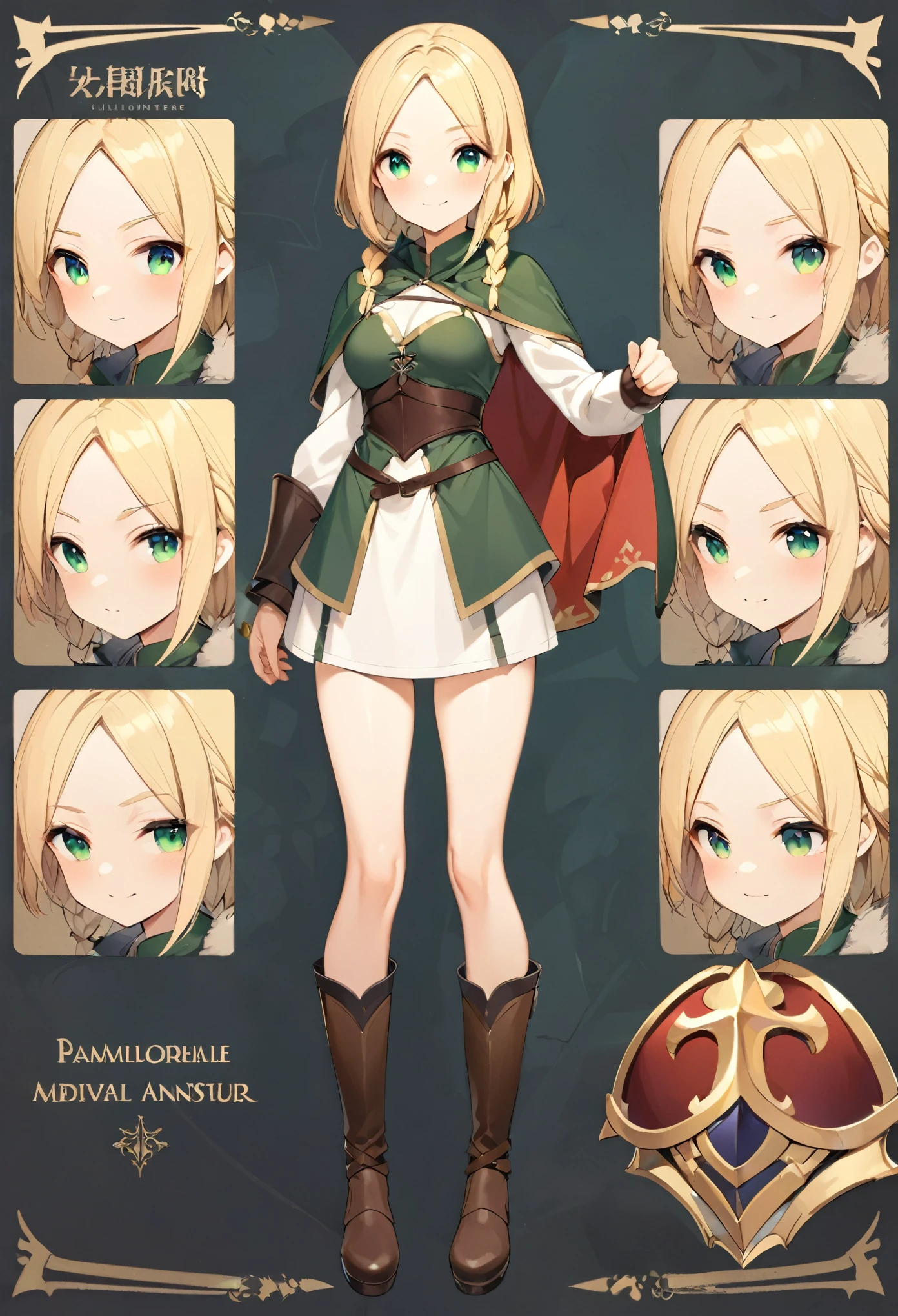 Girl, Best quality, multiple angles, character model, base model, front view, looking forward, character creation, full body, simple background, Cute medieval adventurer outfit, small cape, blonde hair, medium hair braids, bangs, green eyes, medium breasts,