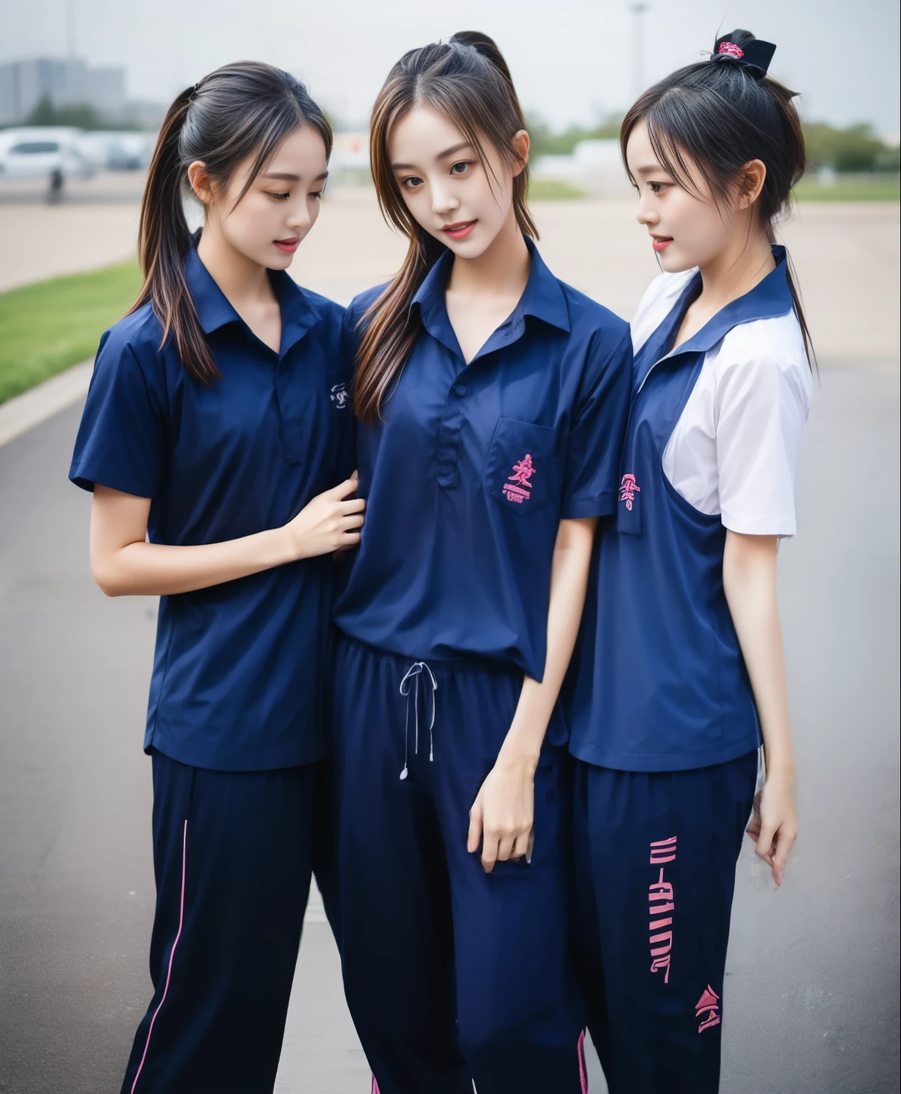 3 girls in fitness center, Navy blue short-sleeved shirt,Navy Long Trackpant,Sweatpants, Sweatpantsขายาว,25 year old girl, lesbian, sexy, exercise clothes, wet body, exercise clothes