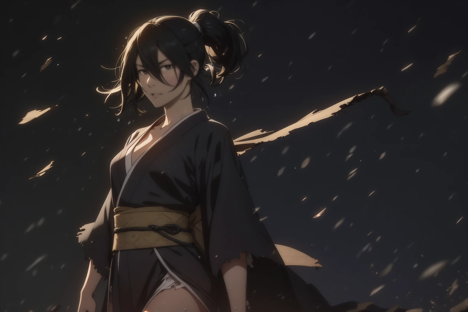 Alluring girl, black hair, low ponytail, hair between eyes, (torn black kimono:1.3), cleavage, medium breast, thick thighs, sexy pose, wet body, (raining), (water droplets:1.2), (wind lift:1.5), (masterpiece, best quality:1.2), volumetric lighting, reflection light realistic, intricate, (simple dark background:1.5)