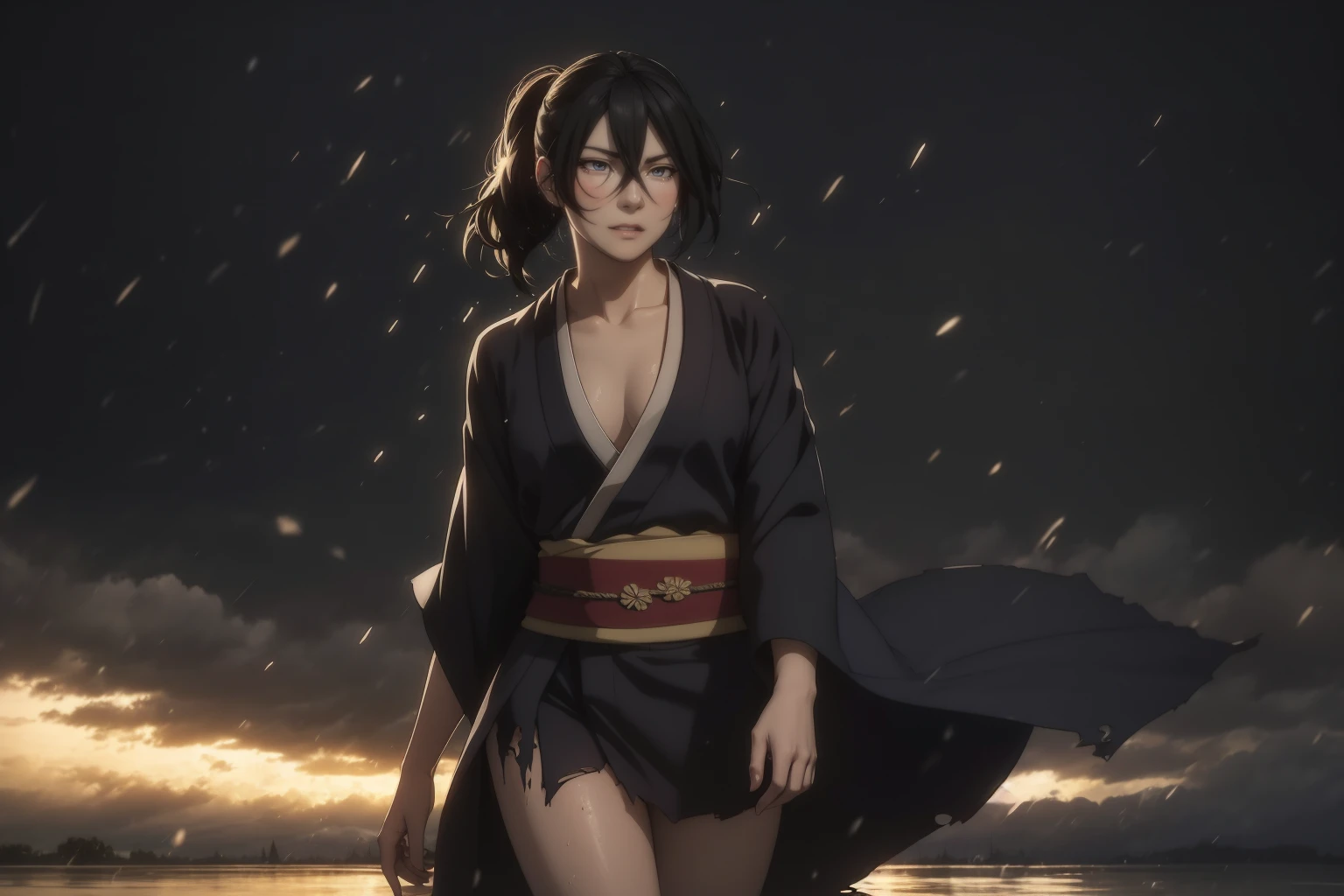 Alluring girl, black hair, low ponytail, hair between eyes, (torn black kimono:1.3), cleavage, medium breast, thick thighs, sexy pose, wet body, (raining), (water droplets:1.2), (wind lift:1.5), (masterpiece, best quality:1.2), volumetric lighting, reflection light realistic, intricate, (simple dark background:1.5)