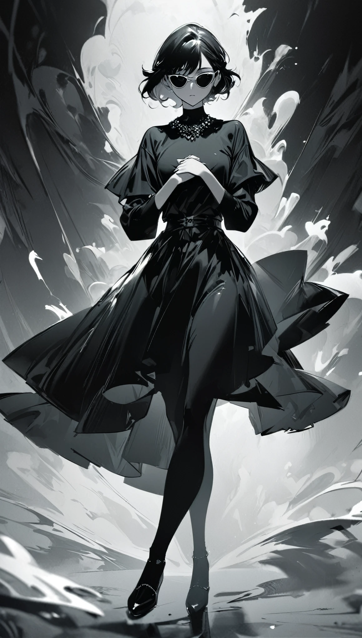 masterpiece,best quality,detail,Perfect composition,Super good quality,HD Wallpapers,A young woman wearing crimson sunglasses,illustration,With black aesthetics、The style of anime aesthetics,I can't believe how beautiful it was,Black Pearl and Mint,monochromatic minimalist portraits,Pop artistic sense,whole body,Dynamic,solo,Posing with hands on chest,
