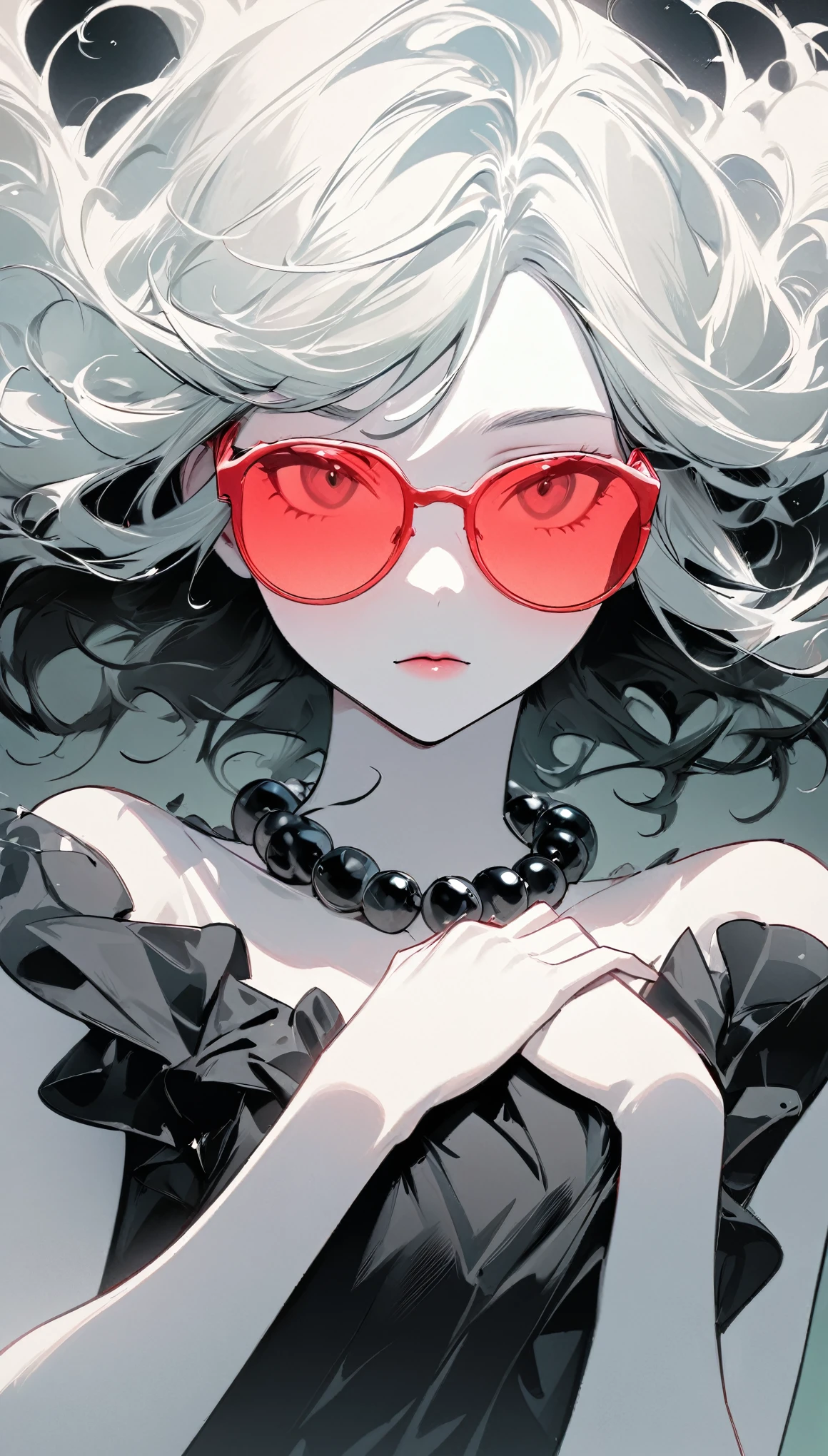 masterpiece,best quality,detail,Perfect composition,Super good quality,HD Wallpapers,A young woman wearing crimson sunglasses,illustration,With black aesthetics、The style of anime aesthetics,I can't believe how beautiful it was,Black Pearl and Mint,monochromatic minimalist portraits,Pop artistic sense,whole body,Dynamic,solo,Posing with hands on chest,