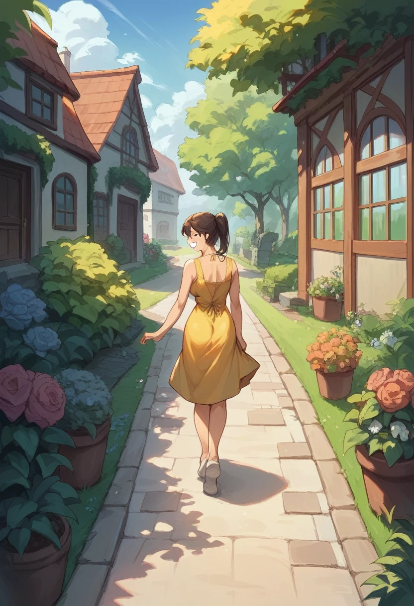 masterpiece, best quality, pkmnDelia, ponytail, large breasts, (yellow sundress:1.4), from behind, garden, house, road, smile, grin