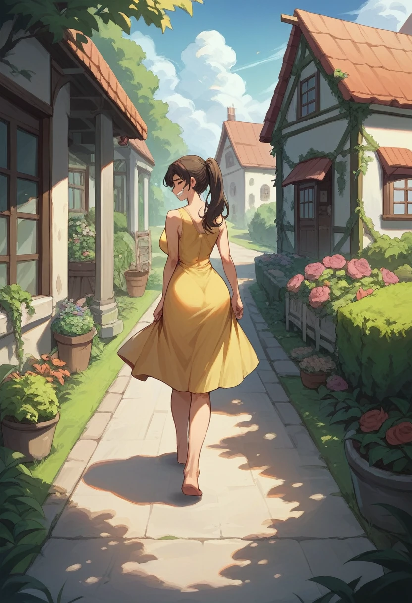 masterpiece, best quality, pkmnDelia, ponytail, large breasts, (yellow sundress:1.4), from behind, garden, house, road, smile, grin