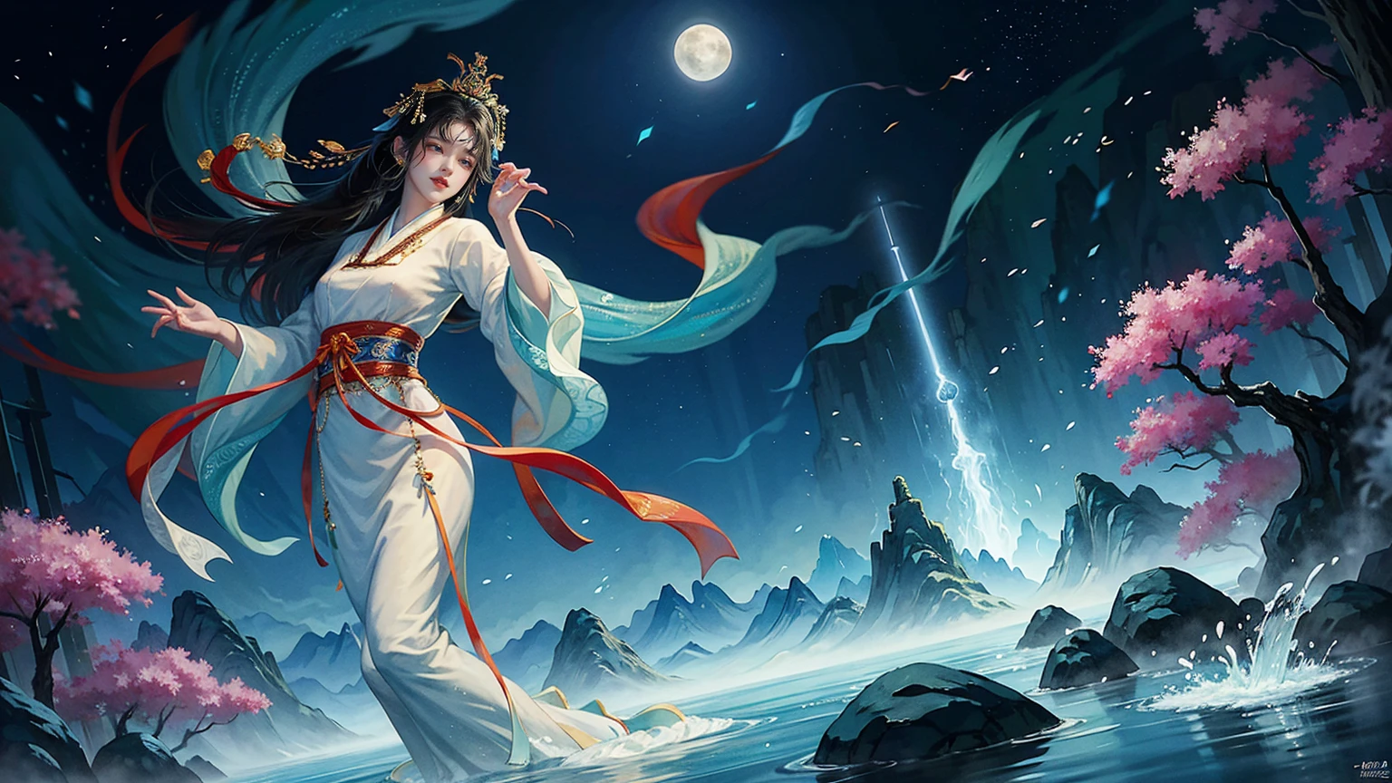 Official Art, Unity 8K wallpaper, Extremely detailed, beautiful and aesthetic, masterpiece, best quality, For the world,You may be alone,But for someone,You could be the whole world, paradox, Adrian Genius, Jenny Savile, Edward Hope, Surrealism, The Dark Arts of James Jean, Takato Yamamoto, 墨water朋克极简主义, fashion magazine, Editorial Photography, gufeng, moon, Tree, Solitary, water, flower, Branches, night, Black Hair, Back to, shawl, full moon, (1 Korean girl,Sexy facial features,Sexy fingers), in Tree, Long hair, Sky, sit, Chinese clothes, Hanfu, crescent moon, permanent, outdoor,手上有一个water晶球
