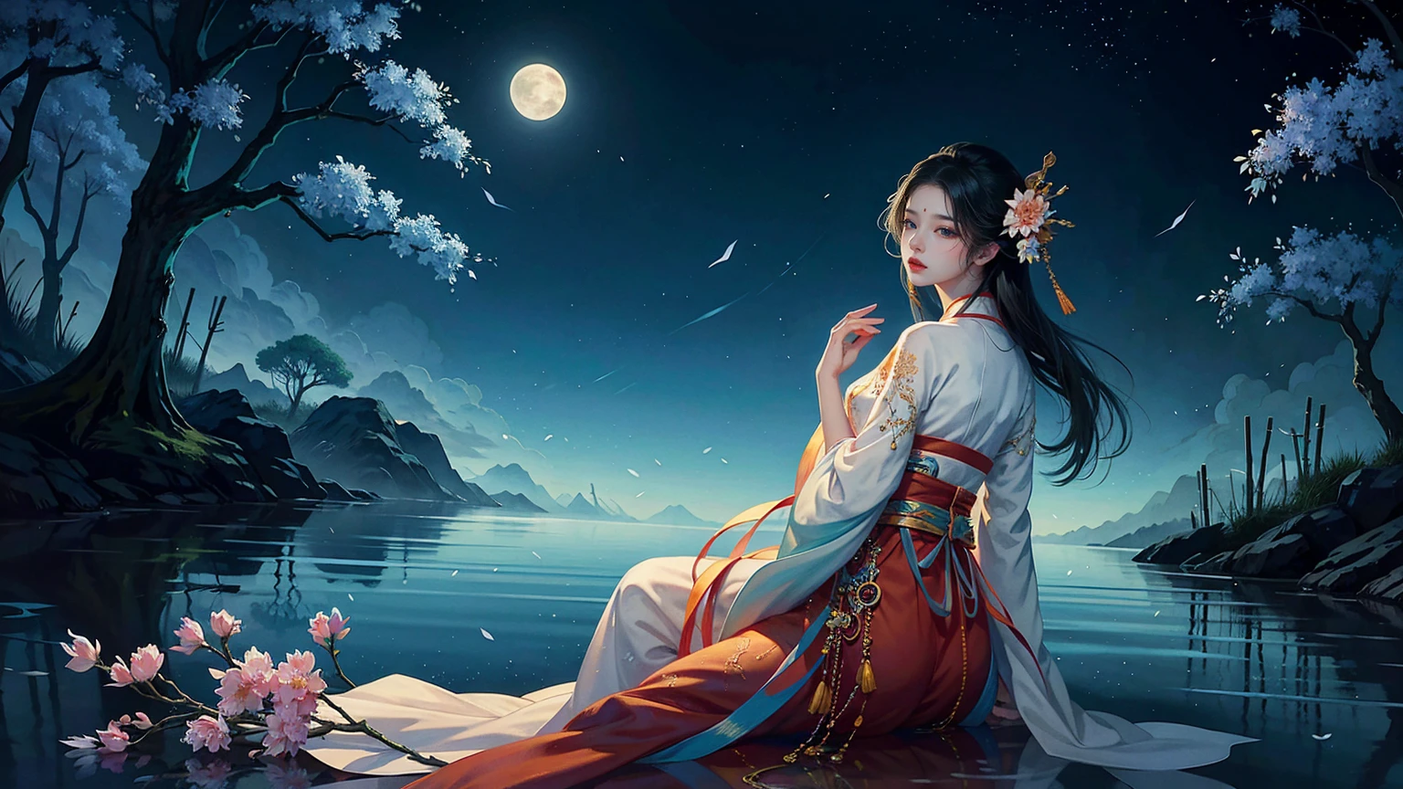 Official Art, Unity 8K wallpaper, Extremely detailed, beautiful and aesthetic, masterpiece, best quality, For the world,You may be alone,But for someone,You could be the whole world, paradox, Adrian Genius, Jenny Savile, Edward Hope, Surrealism, The Dark Arts of James Jean, Takato Yamamoto, 墨water朋克极简主义, fashion magazine, Editorial Photography, gufeng, moon, Tree, Solitary, water, flower, Branches, night, Black Hair, Back to, shawl, full moon, (1 Korean girl,Sexy facial features,Sexy fingers), in Tree, Long hair, Sky, sit, Chinese clothes, Hanfu, crescent moon, permanent, outdoor,手上有一个water晶球