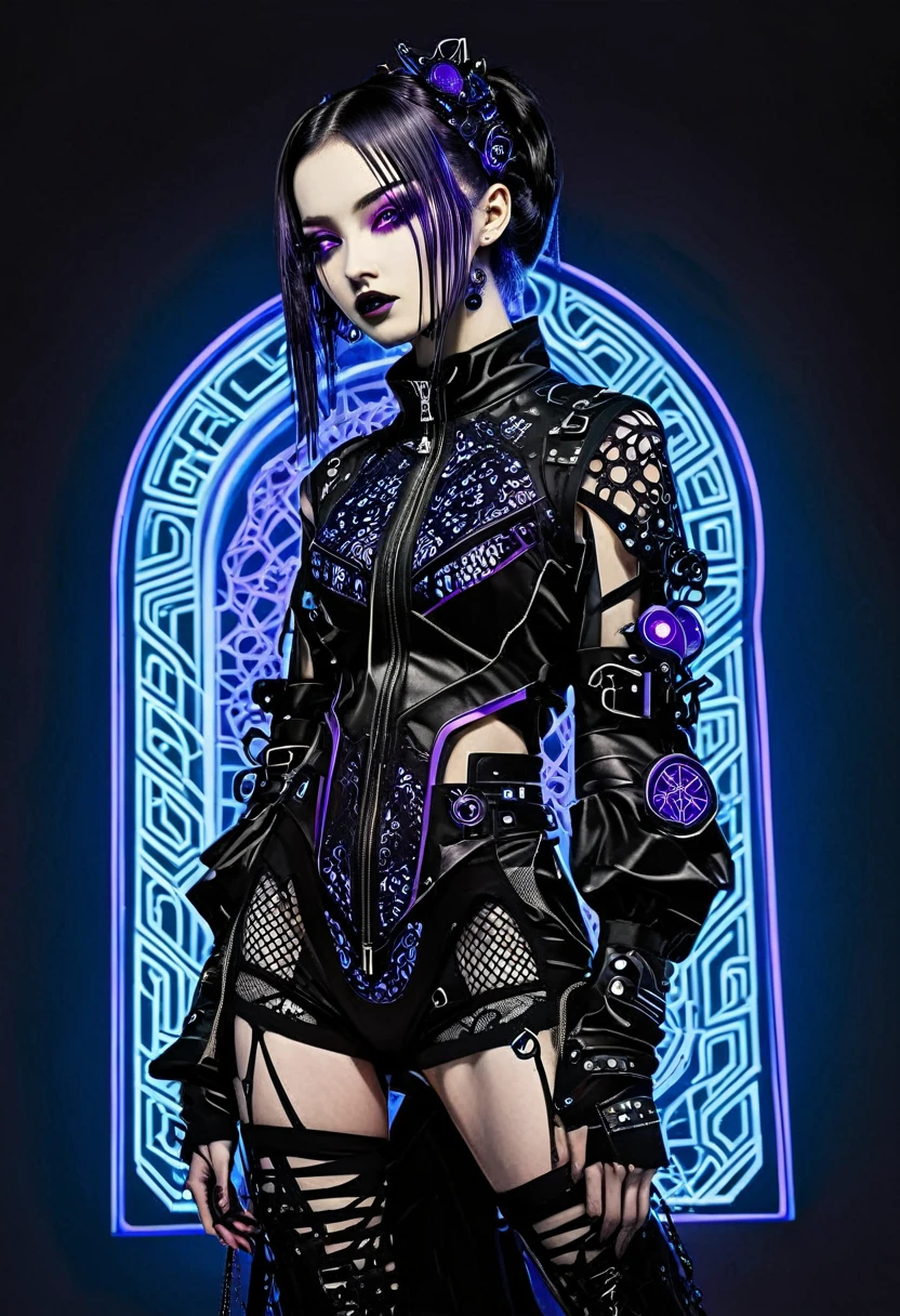 Create a striking image for sublimation on streetwear garments, combining Gothic elegance with futuristic cyberpunk elements. The design should feature dark colors like black and deep purple, with metallic details, lace, and leather. Incorporate futuristic elements such as LED lights and digital graphics. The overall aesthetic should evoke a blend of vintage Gothic and modern technology, suitable for a sophisticated yet edgy audience.
