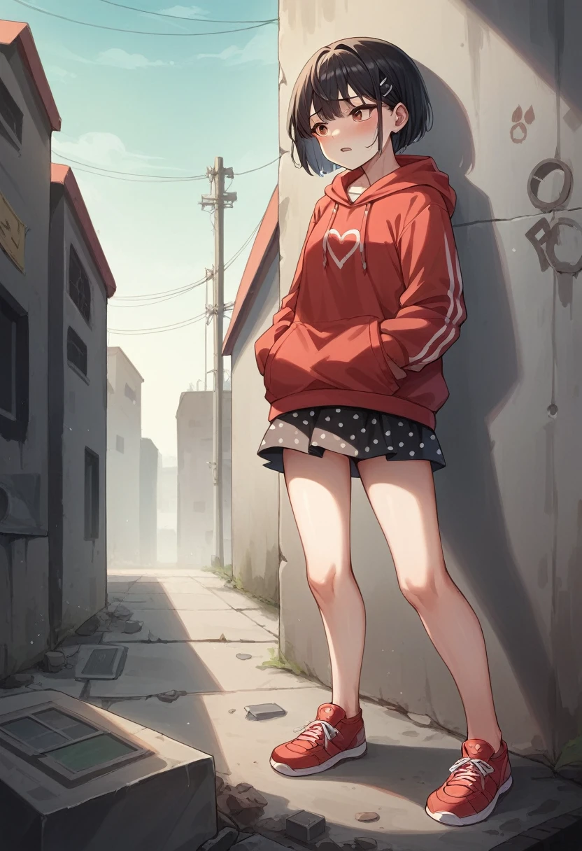 One ,Wear a red hoodie,Wear a red polka dot mini skirt,Black Hair,Red sneakers,Stand backwards,Concrete walls and floors,Outdoor,Stand with your feet apart,Grab the hem of your skirt,To pee,Spilling water from the crotch,There is a concrete groove at my feet,The girl is Korean.、