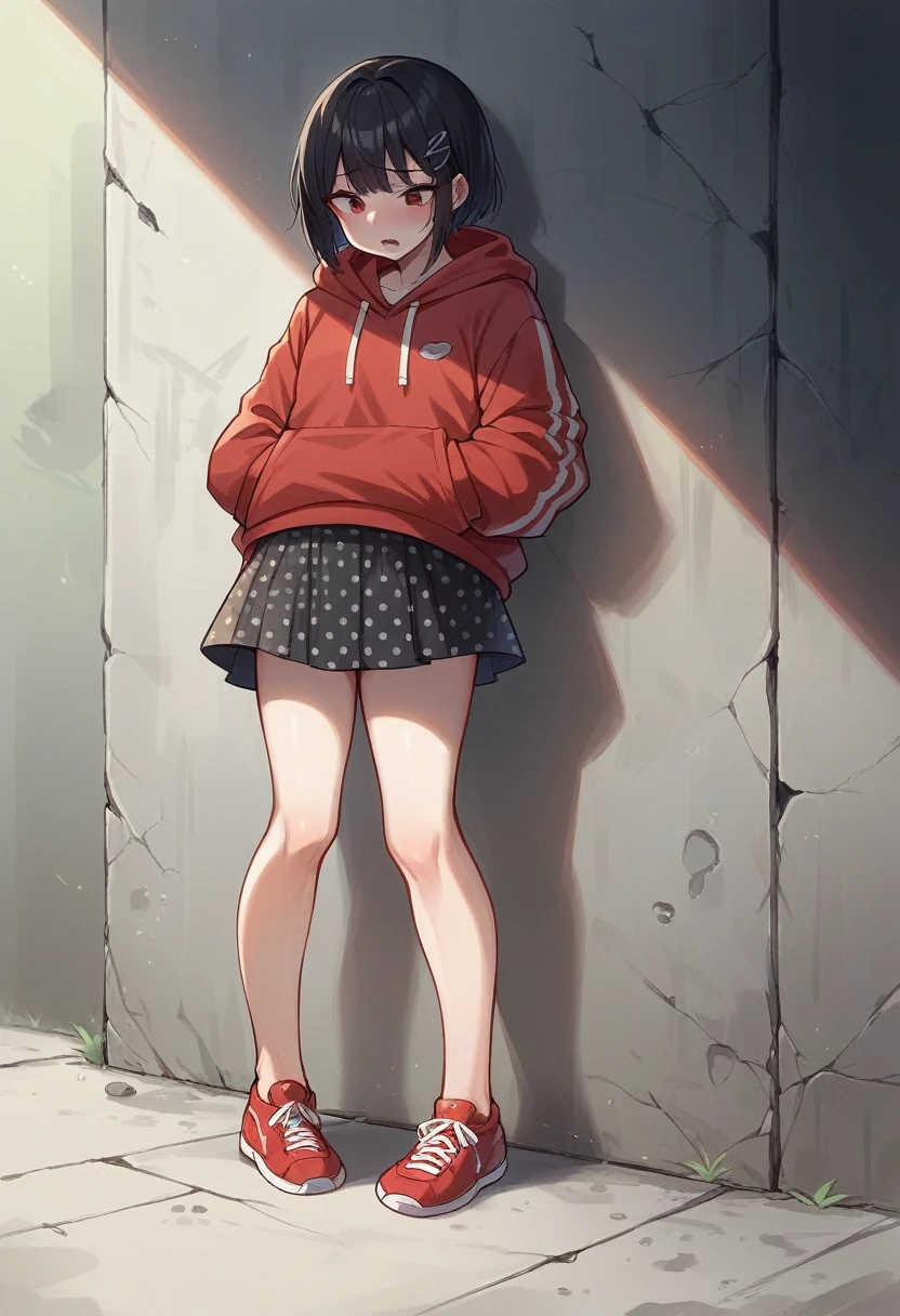 One -yeld giWear a red hoodie,Wear a red polka dot mini skirt,Black Hair,Red sneakers,Stand backwards,Concrete walls and floors,Outdoor,Stand with your feet apart,Grab the hem of your skirt,To pee,Spilling water from the crotch,There is a concrete groove at my feet,The girl is Korean.、