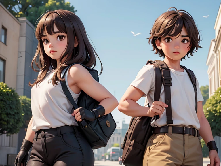 masterpiece; style: Daily; required background: Nature of Russia, middle line, Random landscape; обязательный style одежды: gray t-shirt, military style trousers with patch pockets, high infantry boots, fingerless gloves, backpack; Characters (absolutely identical chubby brown-eyed identical brown-haired twins brother and sister): 1 effeminate guy and 1 muscular girl(sexy look)(quite capable of walking around half naked) (absolute similarity(twins)) Brother and sister, very tousled brown hair, identical brown eyes, identical round beautiful female face, same muscular proportional athletic trained body, trained arms and legs, Graceful fingers, Aesthetic proportional small wide nose, Plump lips; aesthetic completeness, perfect face; Free standing pose, Interaction with each other; many small details, complex parts, intricate details; High quality textures, high detail, Realistic human anatomy, realistic textures, daylight, increased image clarity
