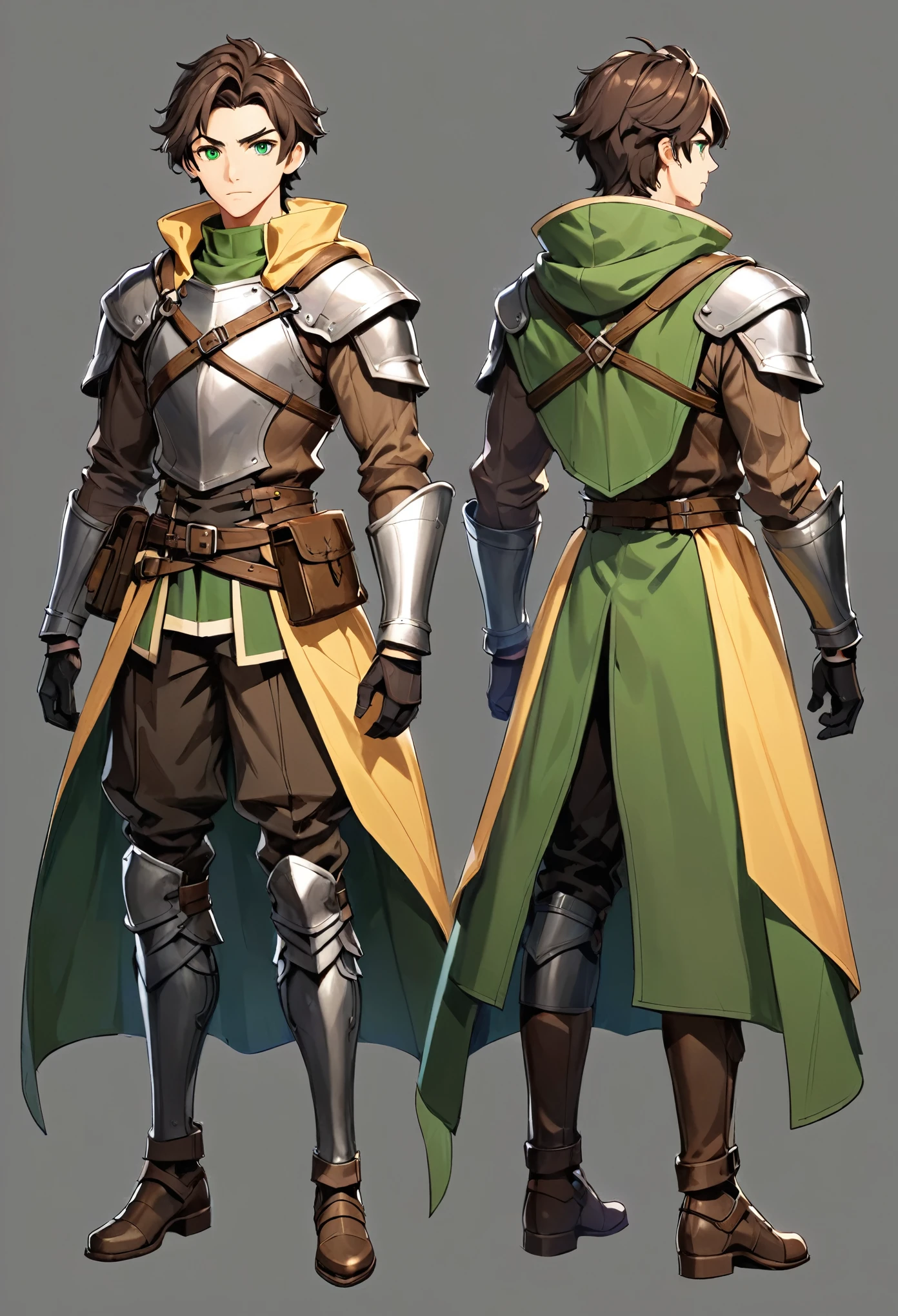 1 Boy, Best quality, multiple angles, character model, base model, front view, looking forward, character creation, full body, big, Fit, aesthetic build, tall, simple background, dark brown hair, short hair, green eyes, medieval adventurer clothes, medium cape, sword on back