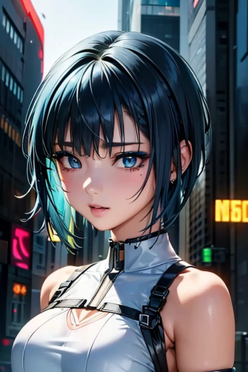 ((Highest quality)),(超High resolution),(Very detailed),(Detailed Description),((The best CG)),(masterpiece),Ultra-detailed art、(Highest quality、8k、32K、masterpiece)、(Realistic)、(Realistic:1.2)、(High resolution)、Very detailed、Very beautiful face and eyes、1 female、Tight waist、Delicate body、(Highest quality、Attention to detail、Rich skin detail)、(Highest quality、8k、Oil paints:1.2)、Very detailed、(Realistic、Realistic:1.37)、Bright colors、Beautiful Japanese Woman、Detailed face、Smooth Skin、Big Breasts、A young woman in her early 20s、I work as a nurse in a cyberpunk city.。((Asymmetrical short hair:1.6、Neon blue hair color:1.8))、I can see the cybernetic implants on his temples.。Her eyes are cybernetically enhanced、Emits a soft green light、There is a small holographic display in the left eye.。she未来的なナースユニフォームを着ており、Sleek white bodysuit with silver accents and integrated technology。The uniform has a high collar、Fits the body、Illuminated medical symbols on sleeves and chest。she内蔵された医療スキャナー付きの膝丈の白いブーツを履いており、I have a high-tech medical kit.。As an accessory、Holographic ID Badge、Small communication earpiece、And others々He wears a utility belt equipped with various medical tools.。In the background、A neon-lit cyberpunk cityscape spreads out before you.、Towering Skyscrapers、Holographic Advertising、Advanced robot assistants in sight。she、Standing in front of a hi-tech clinic with a luminous cross symbol and stylish contemporary design。