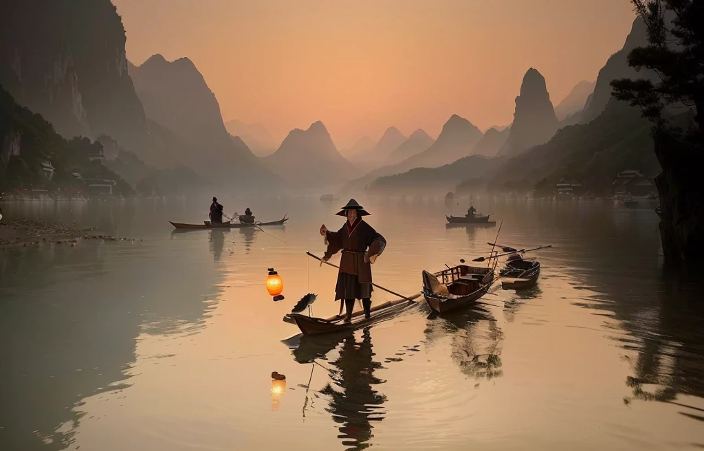 There are many people in the water holding lanterns in boats, Chinese Artsist, Fisherman, Very beautiful photos, Chinese scenery, Incredibly beautiful, author:Xu Xi, by Jiang Tingxi, author:Ye Xin, by Zheng Xie, Amazing composition, Chinese Arts, author:Yang J, breathtaking composition, stunning photo, by Wu Zuoren, author:Shi Rui