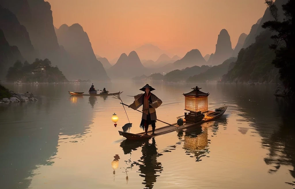 There are many people in the water holding lanterns in boats, Chinese Artsist, Fisherman, Very beautiful photos, Chinese scenery, Incredibly beautiful, author：Xu Xi, by Jiang Tingxi, author：Ye Xin, by Zheng Xie, Amazing composition, Chinese Arts, author：Yang J, breathtaking composition, stunning photo, by Wu Zuoren, author：Shi Rui