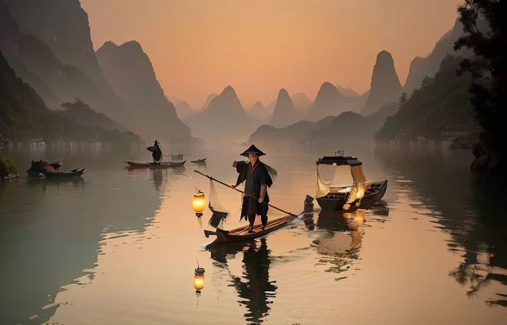 There are many people in the water holding lanterns in boats, Chinese Artsist, Fisherman, Very beautiful photos, Chinese scenery, Incredibly beautiful, author：Xu Xi, by Jiang Tingxi, author：Ye Xin, by Zheng Xie, Amazing composition, Chinese Arts, author：Yang J, breathtaking composition, stunning photo, by Wu Zuoren, author：Shi Rui