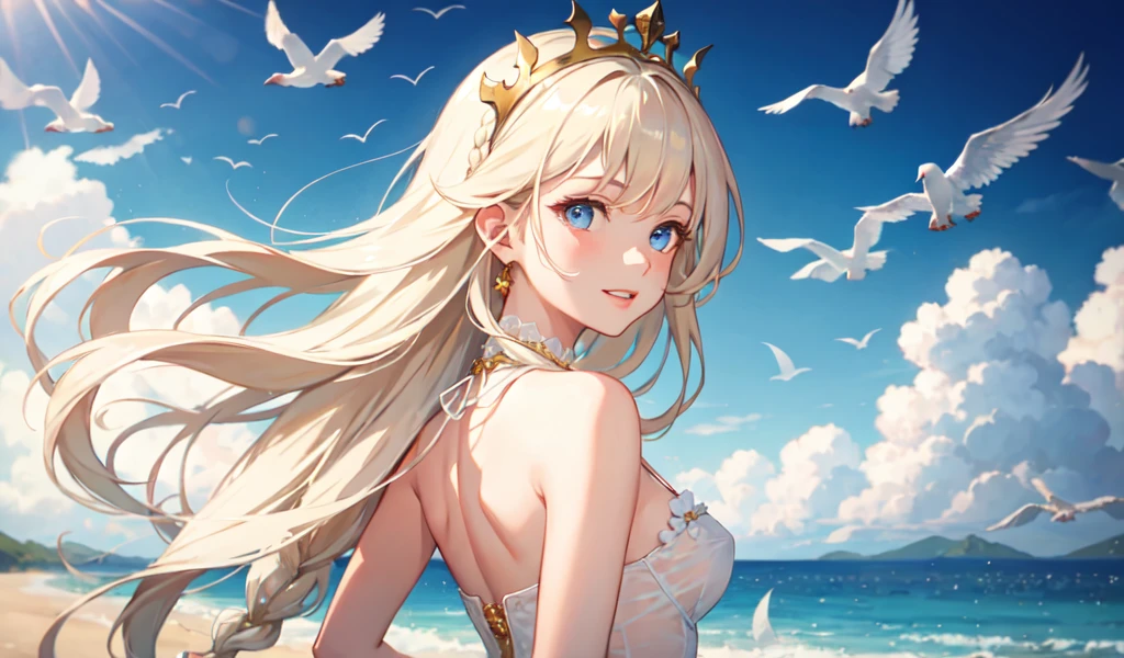 ,((Highest quality))),8k,((masterpiece)),(Very delicate and beautiful), There was a girl who came out of the sea, Mythical Swan Princess, Beautiful calm face, blue eyes, Long blonde hair braided, Moon braids on the back of the head, Shiny white vintage clothing,Wearing the Kokosnik crown, Loving eyes, Half-laugh, There was a gentle look on his face, Background seascape and sunlight, Seagulls in the sky, full length, realism