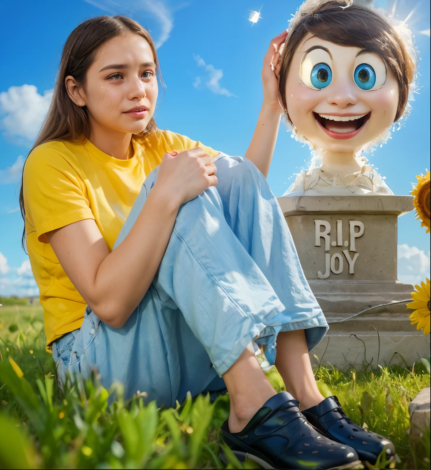In this imaginative scene, a young woman, visibly distressed with tears streaming down her cheeks, sits beside whimsical monuments of Joy, Anxiety, and Sadness from the movie "Inside Out." Set against a backdrop of lush green grass and a vibrant blue sky dotted with fluffy clouds, the scene captures a poignant blend of real human emotion juxtaposed with animated characters. Each character's monument is distinct: Joy beams with a wide smile, Anxiety exhibits a wild, alarmed expression, and Sadness looks downcast with oversized glasses. The engraved messages on their pedestals humorously read "R.I.P Joy," "R.I.P Anxiety," and "R.I.P Sadness," symbolizing a playful yet thoughtful memorialization of emotions. The young woman’s emotional state, coupled with the serene and colorful setting, creates a powerful visual narrative about coping with feelings in vivid, symbolic representation.___vibrant contrast to his attire and accessories.аffects render, (glossy plastic texture with multiple big light probe refractions), perfect cgi, smooth silhouette, high intensity refraction, (super glossy plastic material), most beautiful vfx, , realistic, 4k, high resolution, rim light, smooth 3d model, multiple light sources, rim light, sharp post effects render,, realistic, 4k, high resolution, rim light detailed digital art, reflective, best quality, 4k, masterpiece:1.2, ultra-detailed, realistic, vivid colors, The image of the highest quality, ensuring every detail showcased perfectly. It in 4k resolution, allowing viewers to immerse themselves in the richness of the colors and intricate details. The realistic rendering. under the spotlight, reflecting, high-resolution image, realistic rendering