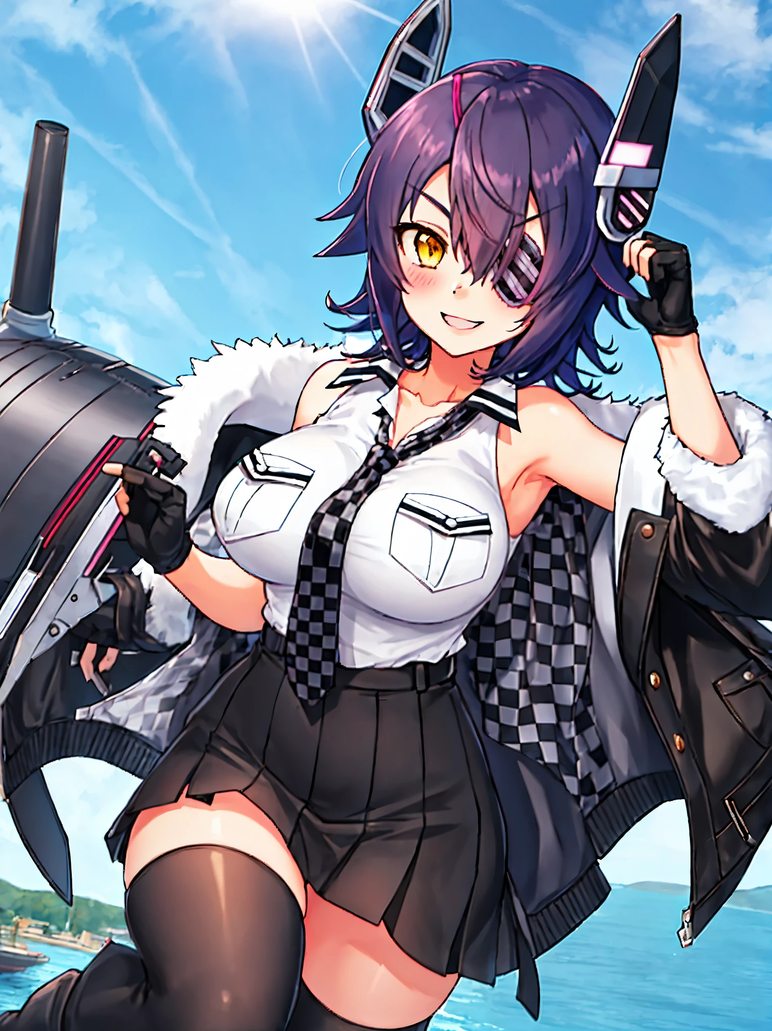 best quality, masterpiece, solo, {tenryuu_kantaicollection:1.}, teirl, eyepatch, short_hair, purple_hair, yellow_eyes, headgear, breasts, necktie, large_breasts, smile, 1girl, blush, checkered_necktie, hair_over_one_eye, shirt, collared_shirt, white_shirt, jacket, sleeveless, brown_eyes, fur-trimmed_jacket, fur_trim, collarbone, looking_at_viewer, pocket, breast_pocket, ,, messy_hair, black_gloves, gloves, partially_fingerless_gloves,harbor_road_landscape_background,outdoor,short_skirt,thigh-highs,boots,sunlight,from_below