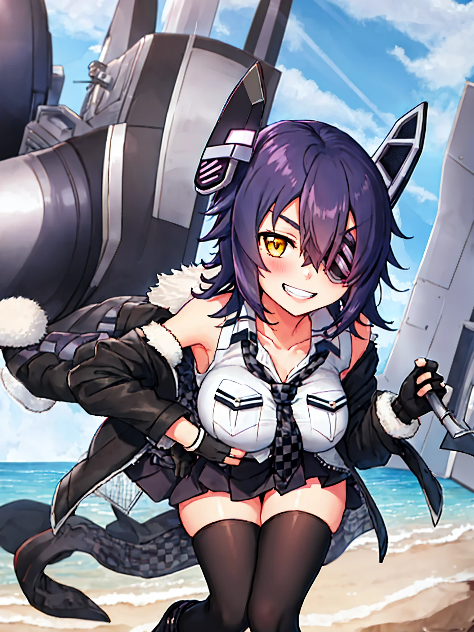 best quality, masterpiece, solo, {tenryuu_kantaicollection:1.15}, teen_girl, eyepatch, short_hair, purple_hair, yellow_eyes, headgear, breasts, necktie, large_breasts, smile, 1girl, blush, checkered_necktie, hair_over_one_eye, shirt, collared_shirt, white_shirt, jacket, sleeveless, brown_eyes, fur-trimmed_jacket, fur_trim, collarbone, looking_at_viewer, pocket, breast_pocket, ,, messy_hair, black_gloves, gloves, partially_fingerless_gloves,harbor_road_landscape_background,outdoor,short_skirt,thigh-highs,boots,sunlight,from_below