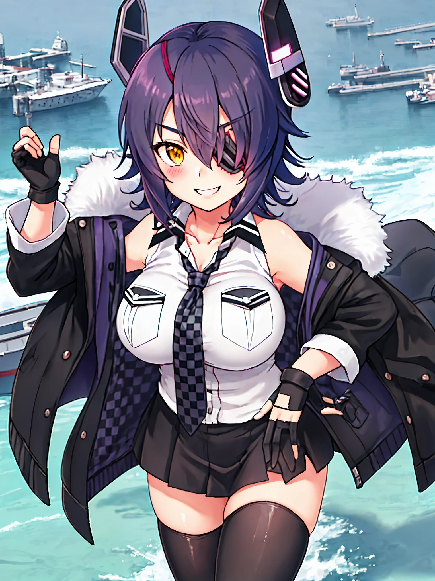 best quality, masterpiece, solo, {tenryuu_kantaicollection:1.15}, teen_girl, eyepatch, short_hair, purple_hair, yellow_eyes, headgear, breasts, necktie, large_breasts, smile, 1girl, blush, checkered_necktie, hair_over_one_eye, shirt, collared_shirt, white_shirt, jacket, sleeveless, brown_eyes, fur-trimmed_jacket, fur_trim, collarbone, looking_at_viewer, pocket, breast_pocket, ,, messy_hair, black_gloves, gloves, partially_fingerless_gloves,harbor_road_landscape_background,outdoor,short_skirt,thigh-highs,boots,sunlight,from_below
