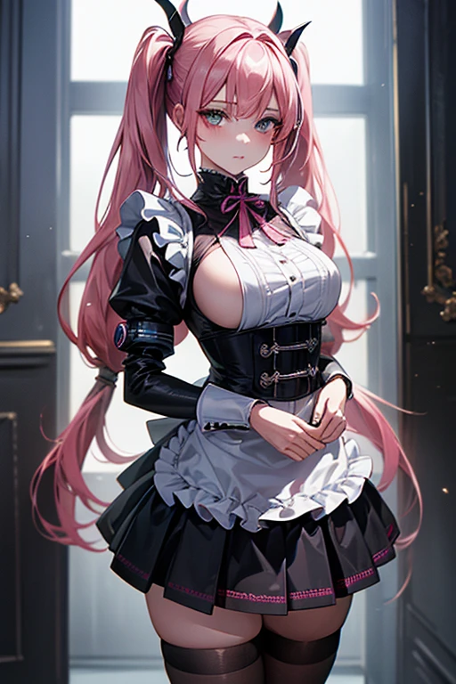 ((Highest quality)),(超High resolution),(Very detailed),(Detailed Description),((The best CG)),(masterpiece),Ultra-detailed art、(Highest quality、8k、32K、masterpiece)、(Realistic)、(Realistic:1.2)、(High resolution)、Very detailed、Very beautiful face and eyes、1 female、Tight waist、Delicate body、(Highest quality、Attention to detail、Rich skin detail)、(Highest quality、8k、Oil paints:1.2)、Very detailed、(Realistic、Realistic:1.37)、Bright colors、Beautiful Japanese Woman、Detailed face、Smooth Skin、Medium breast、A young woman in her early 20s、I work as a maid in a cyberpunk town.。She has long, straight pink hair in twin tails.、Tied with neon green ribbon。Her eyes are big、It is cybernetically enhanced、It has a luminous, otherworldly appearance.。She is wearing a futuristic maid outfit.、The black and white dress features metallic accents.、She wears a fitted bodice with a high collar and a short skirt with holographic ruffles。She is wearing thigh-high stockings with LED patterns、She's wearing shiny black boots。Her accessories include、A headband with cybernetic cat earr.々There is a small apron with some high-tech gadgets.。In the background、Holographic advertising、Flying cars、You'll see bustling neon-lit cityscapes filled with advanced robot residents.。The inside of the cafe where she works、A stylish, high-tech cafe with glowing tables and futuristic décor。