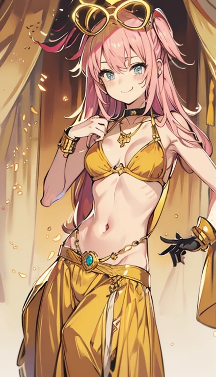 A smug narcissistic pink haired woman wearing a golden bra and golden pants and lots of jewelry flaunting herself