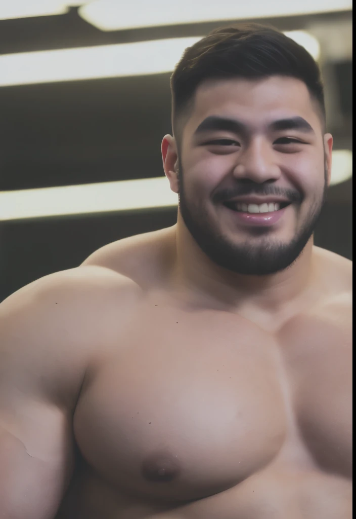 Very detailed, [Portrait photojournalism], GS-positive, (250-pound Chinese bodybuilder:hairymuscleBear), Black Hair, Blurred eyebrows, [[black eyes, student]], Round Face, Short hair style，Charming smile，Toned pectoral muscles，[delicate]+Kouzihu, Solid:Burly, muscle_Bear. Skin pores, Imperfect skin , Ambient Light, bloom, Canon EOS R6, Night 70mm f1.1, [Powerful shape combinations], cinestill 800T, Vignette, Award-winning quality