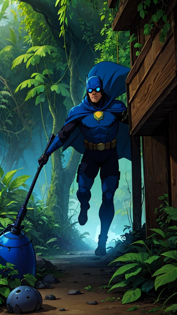 a space mercenary with a blue cape dragging a 500-pound bomb through a jungle infested with giant bugs 