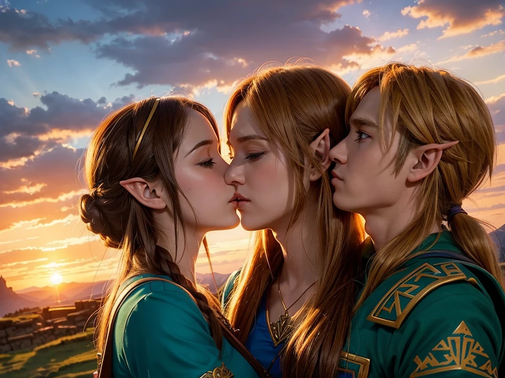 a passionate romantic kiss between link and zelda,sunset over hyrule castle,hilly landscape,detailed lighting,warm colors,vibrant colors,photorealistic,cinematic composition,ultra detailed,intricate details,masterpiece
