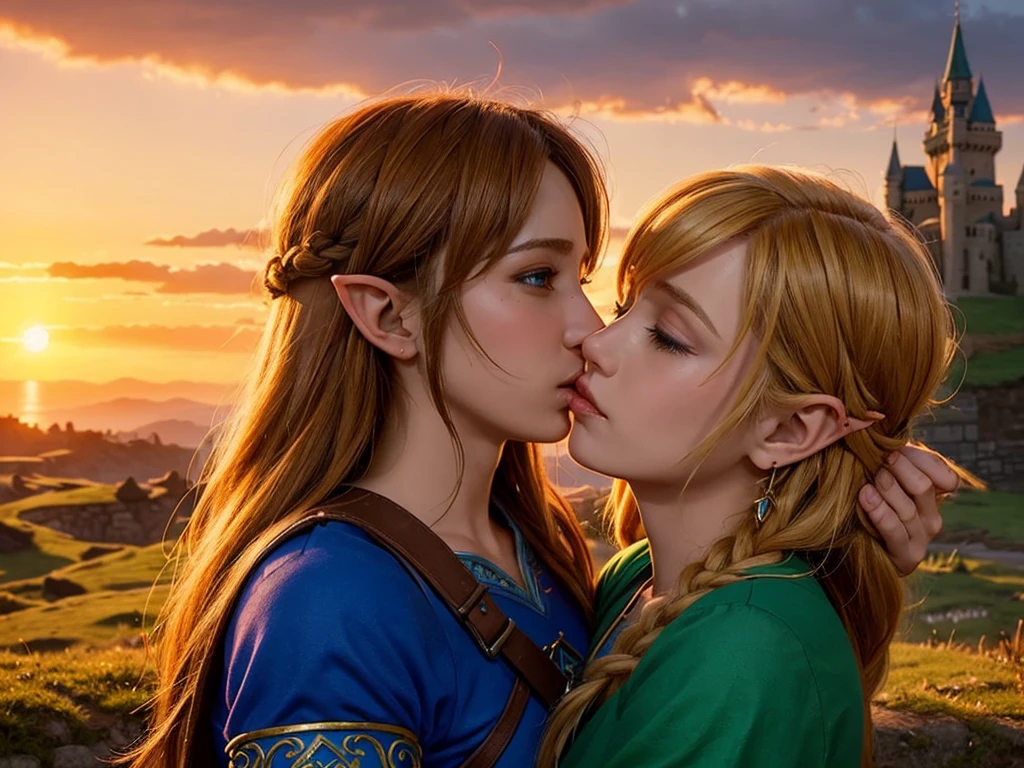 a passionate romantic kiss ween link and zelda,sunset over hyrule castle,hilly landscape,detailed lighting,warm colors,vibrant colors,photorealistic,cinematic composition,ultra detailed,intricate details,masterpiece