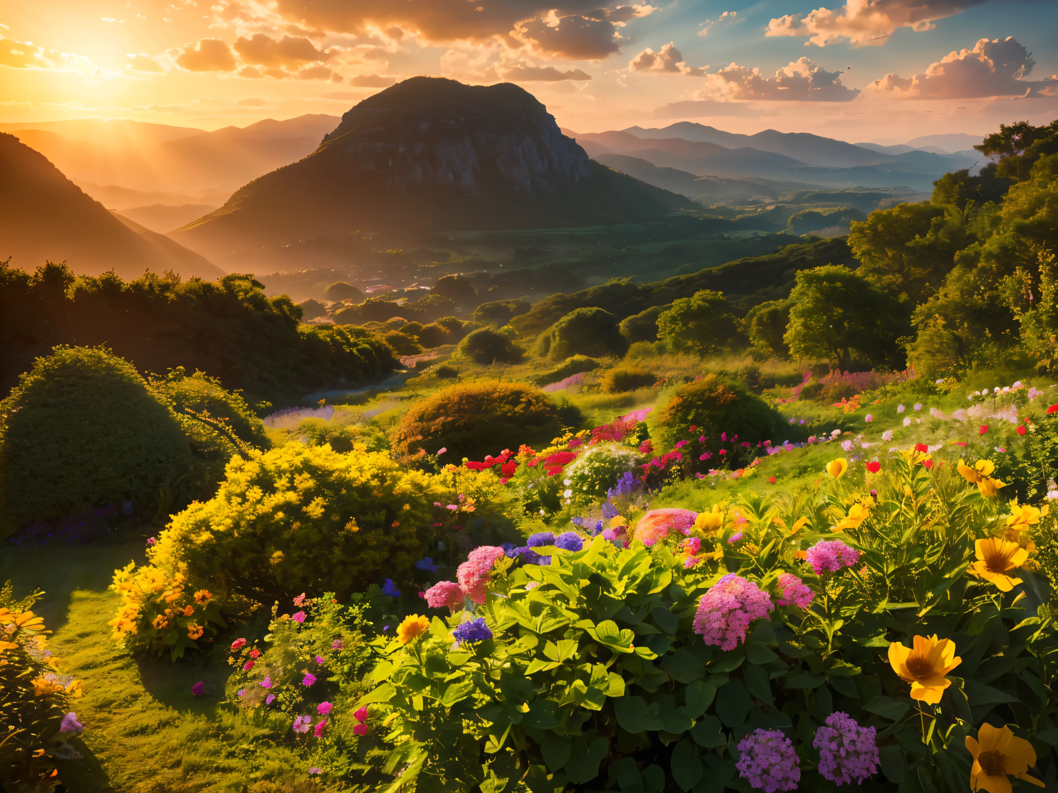 A lush, vibrant flower bush, overgrown with a variety of blooms, vivid colors, delicate petals, intricate details, natural lighting, serene atmosphere, realistic, photorealistic, photo-realistic:1.37, (best quality,4k,8k,highres,masterpiece:1.2),ultra-detailed,(realistic,photorealistic,photo-realistic:1.37),hyper detailed, cinematic lighting, dramatic shadows, warm color tones, stunning clarity, breathtaking scenery, stunning landscape, natural beauty