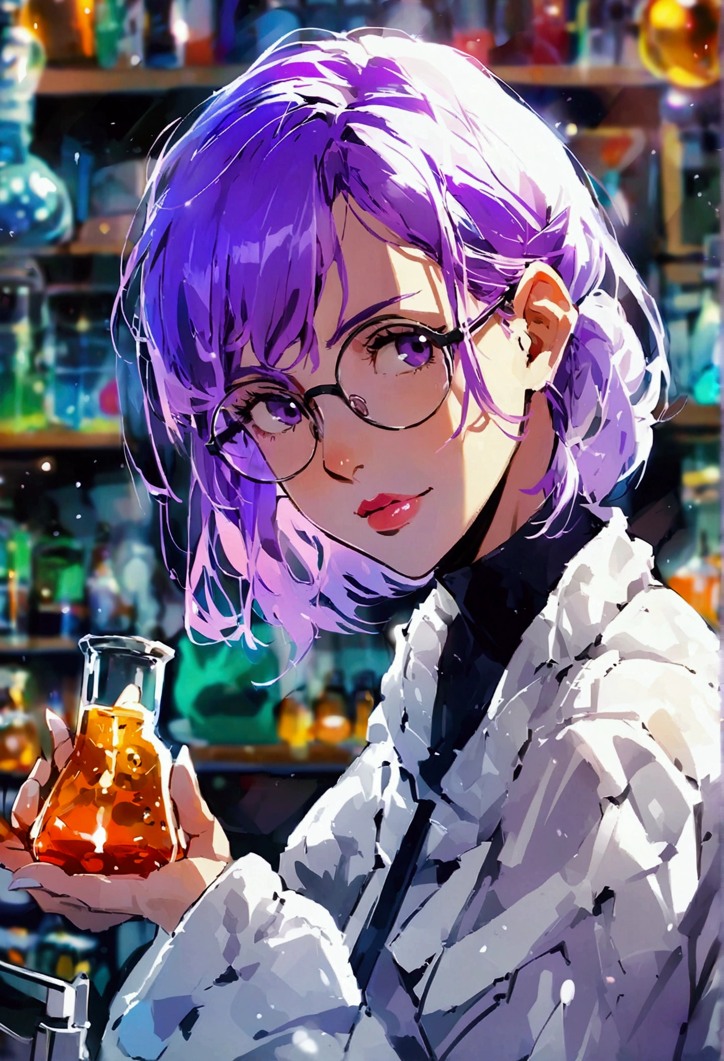 （Purple Hair，Single ponytail)，White research suit，Glasses，chemist，Holding a reagent bottle，Illustration style，30-year-old female，（No bangs）