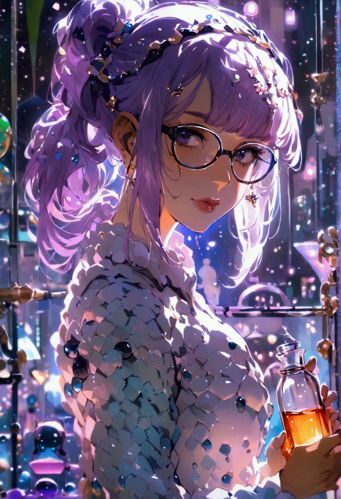 （Purple Hair，Single ponytail)，White research suit，Glasses，chemist，Holding a reagent bottle，Illustration style，30-year-old female，（No bangs）