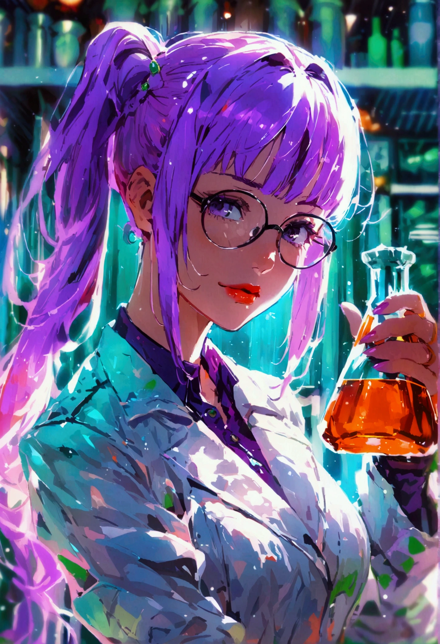 （Purple Hair，Single ponytail)，White research suit，Glasses，chemist，Holding a reagent bottle，Illustration style，30-year-old female，（No bangs）