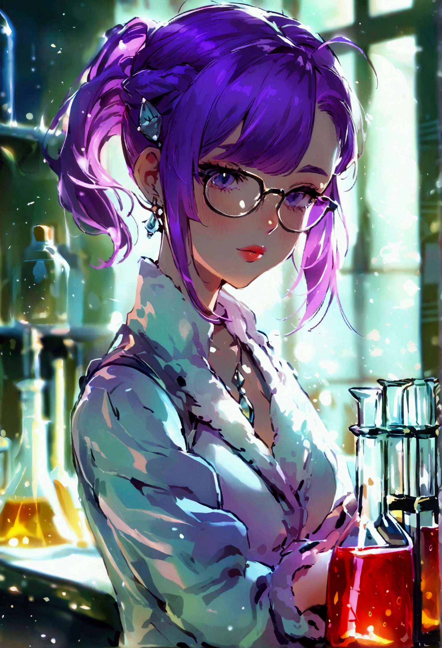 (Purple Hair,Single ponytail),White research suit,Glasses,chemist,Holding a reagent bottle,Illustration style,30-year-old female,(No bangs)