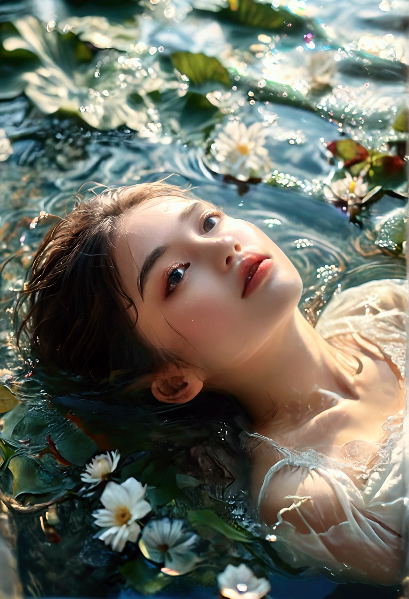 1girl, beautiful detailed eyes, beautiful detailed lips, very detailed face and eyes, long eyelashes, wearing white shirt, lying in shallow water, gentle waves, reflection in water, (upper body above waist_aerial shot low angle focus), Surreal concept (highest quality, 4k, 8k, high resolution, masterpiece:1.2), highly detailed, (realistic, photorealistic, photorealistic:1.37), natural light, soft lighting, calming atmosphere, dreamlike, ethereal, serenity, quiet